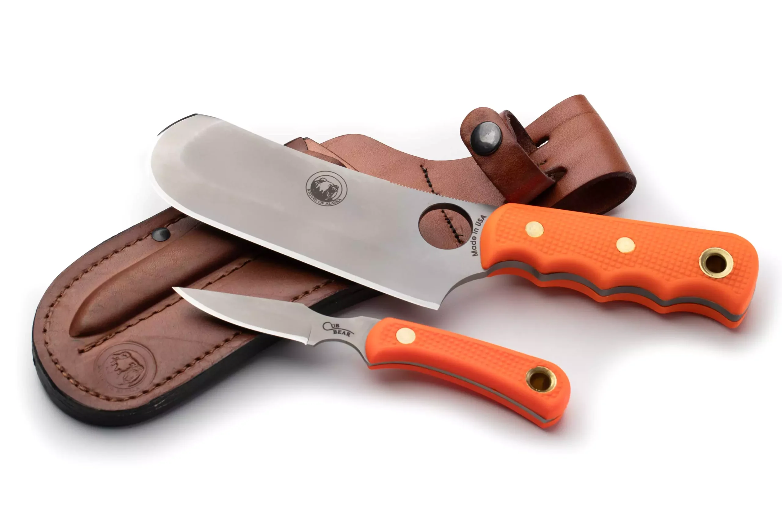 Knives of Alaska Brown Bear and Cub Bear knife combo with orange Suregrip handles and leather sheath