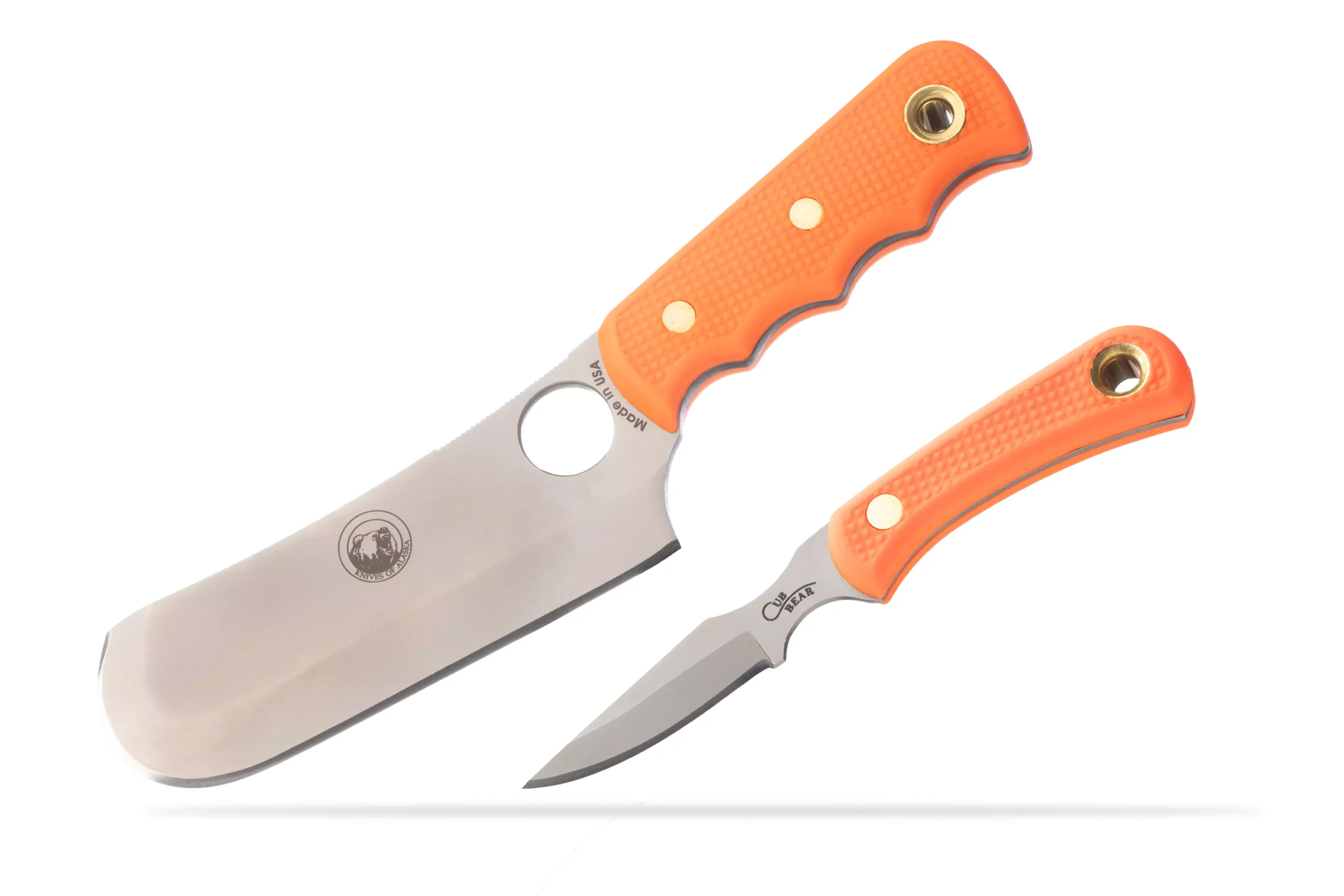 Brown Bear and Cub Bear knife combo from Knives of Alaska with orange Suregrip handles