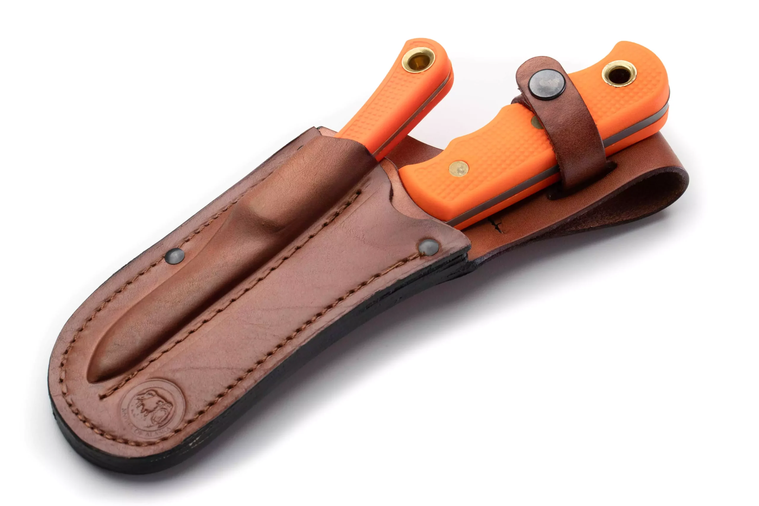 Knives of Alaska Brown Bear and Cub Bear knives in a premium leather sheath with orange Suregrip handles