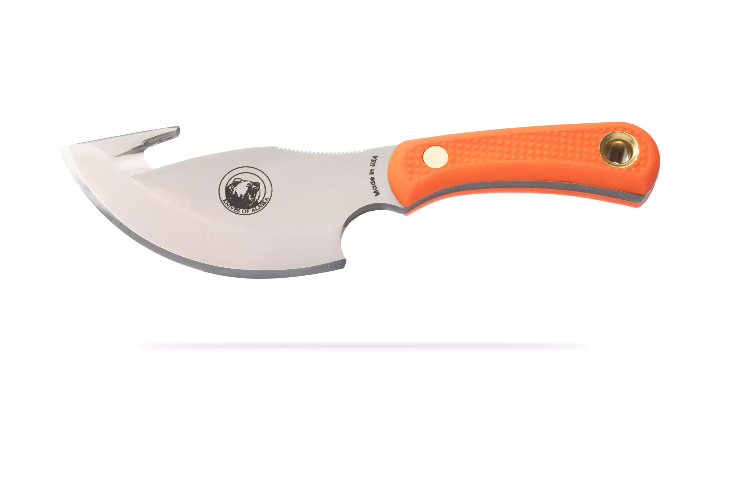 The Caribou knife with orange Suregrip handle and gut hook
