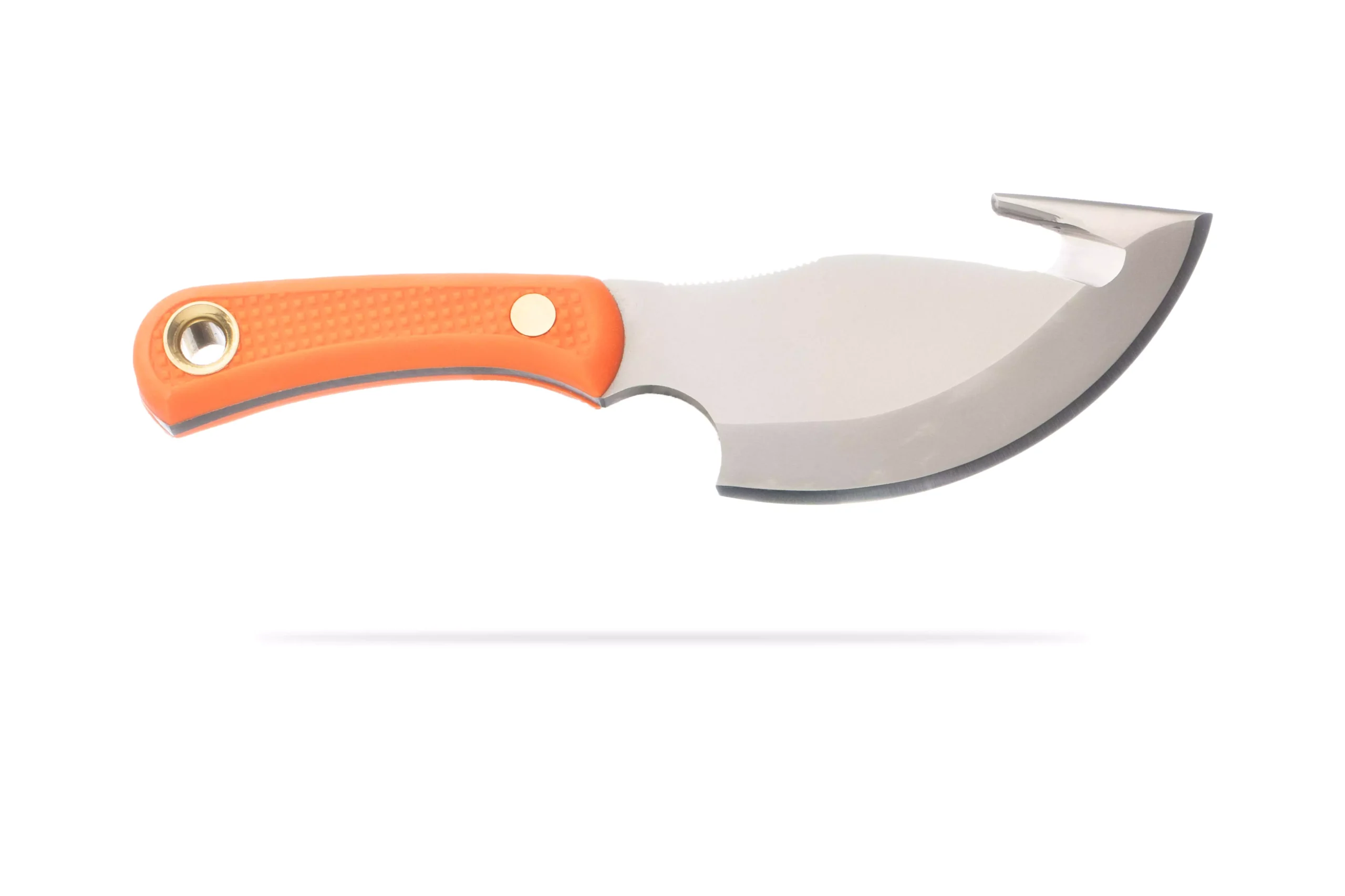 The Caribou knife with orange Suregrip handle and gut hook