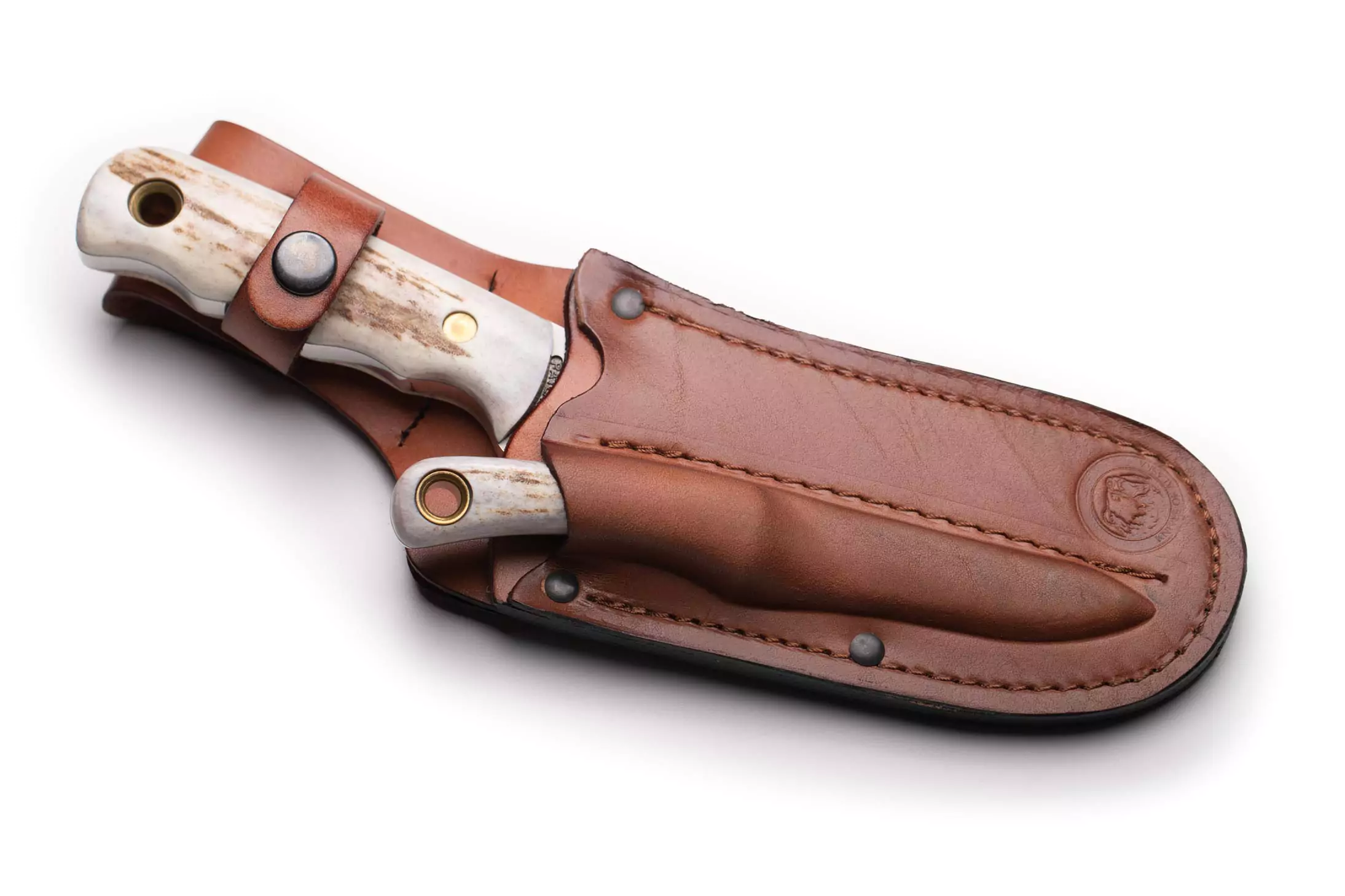 Knives of Alaska Brown Bear and Cub Bear combo with stag handles in leather sheath