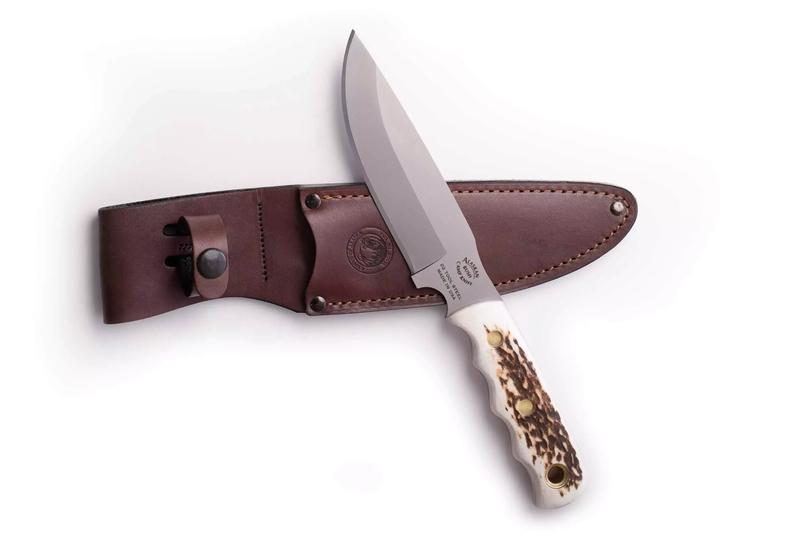 Bush Camp knife with stag handle and brown leather sheath