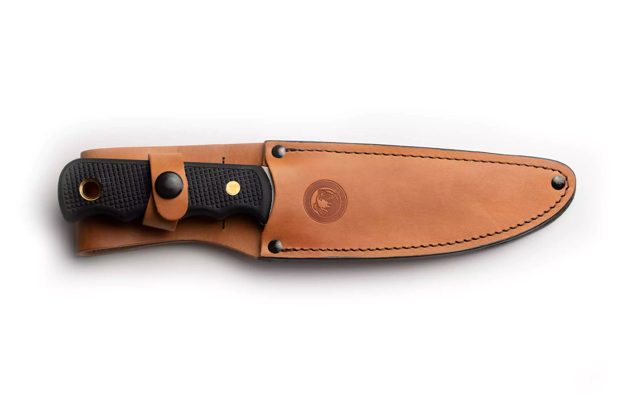 Bush Camp knife secured in a premium leather sheath with Suregrip handle