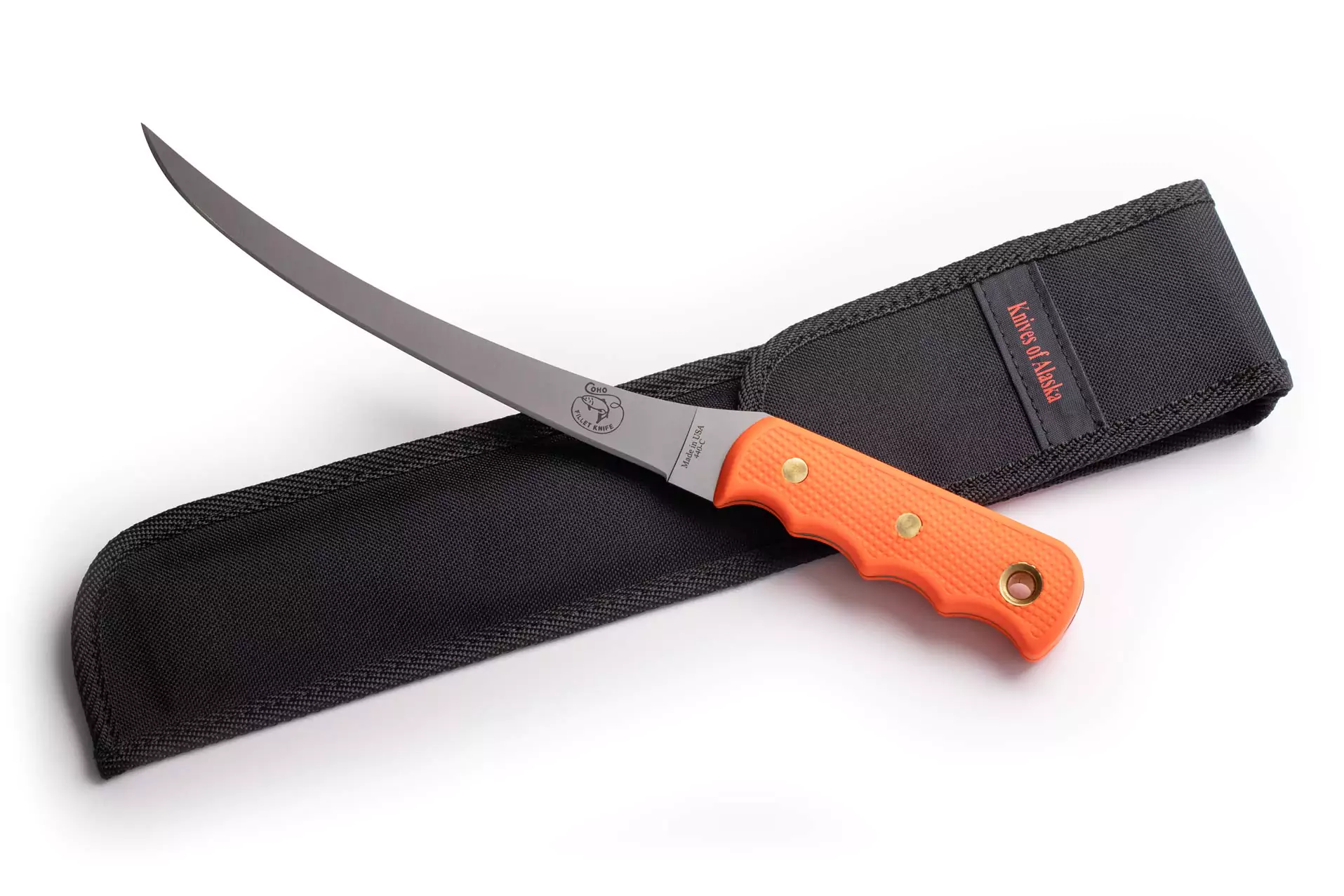 Knives of Alaska Coho Fillet Knife with orange handle and black nylon sheath