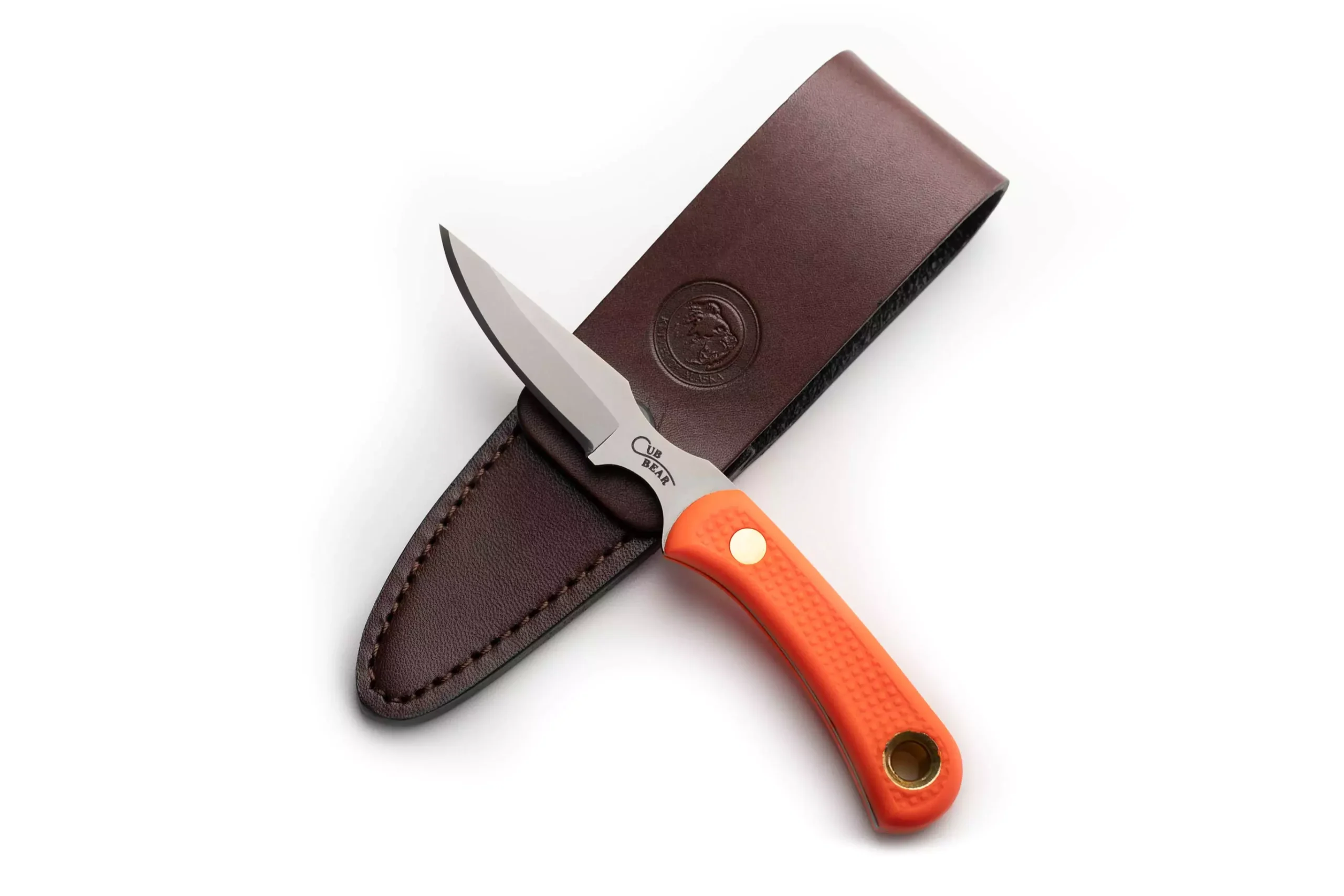 Knives of Alaska Cub Bear knife with orange Suregrip handle and brown leather sheath