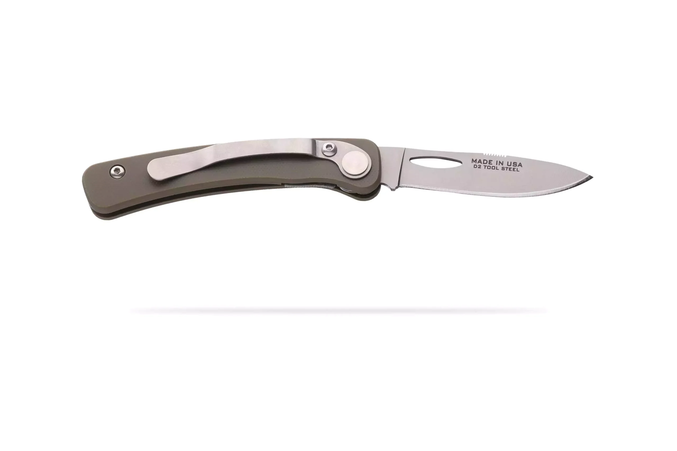 Featherlight Hunter knife with OD green G10 handle and pocket clip, blade open