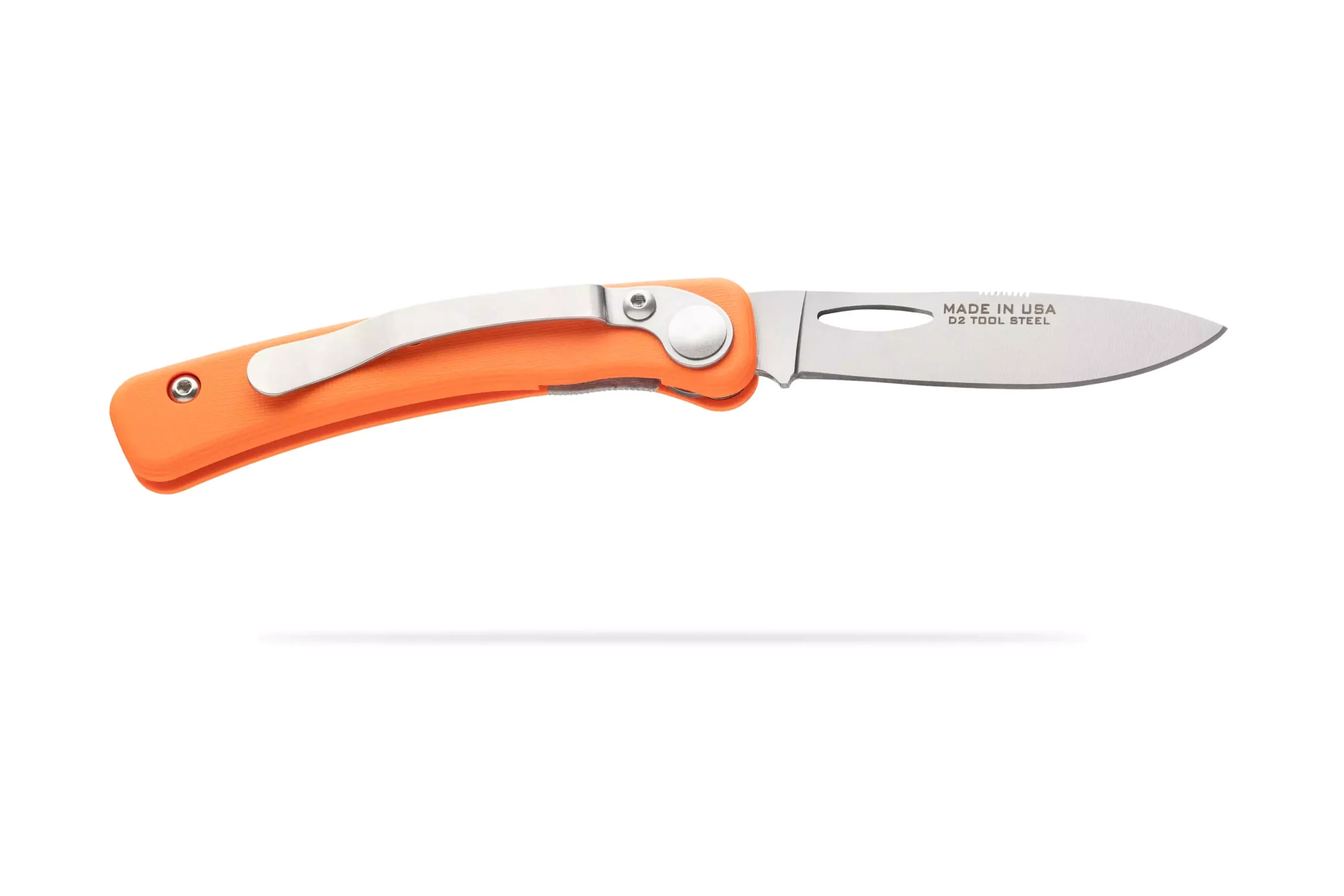 Featherlight Hunter knife with orange G10 handle, pocket clip, and D2 steel blade