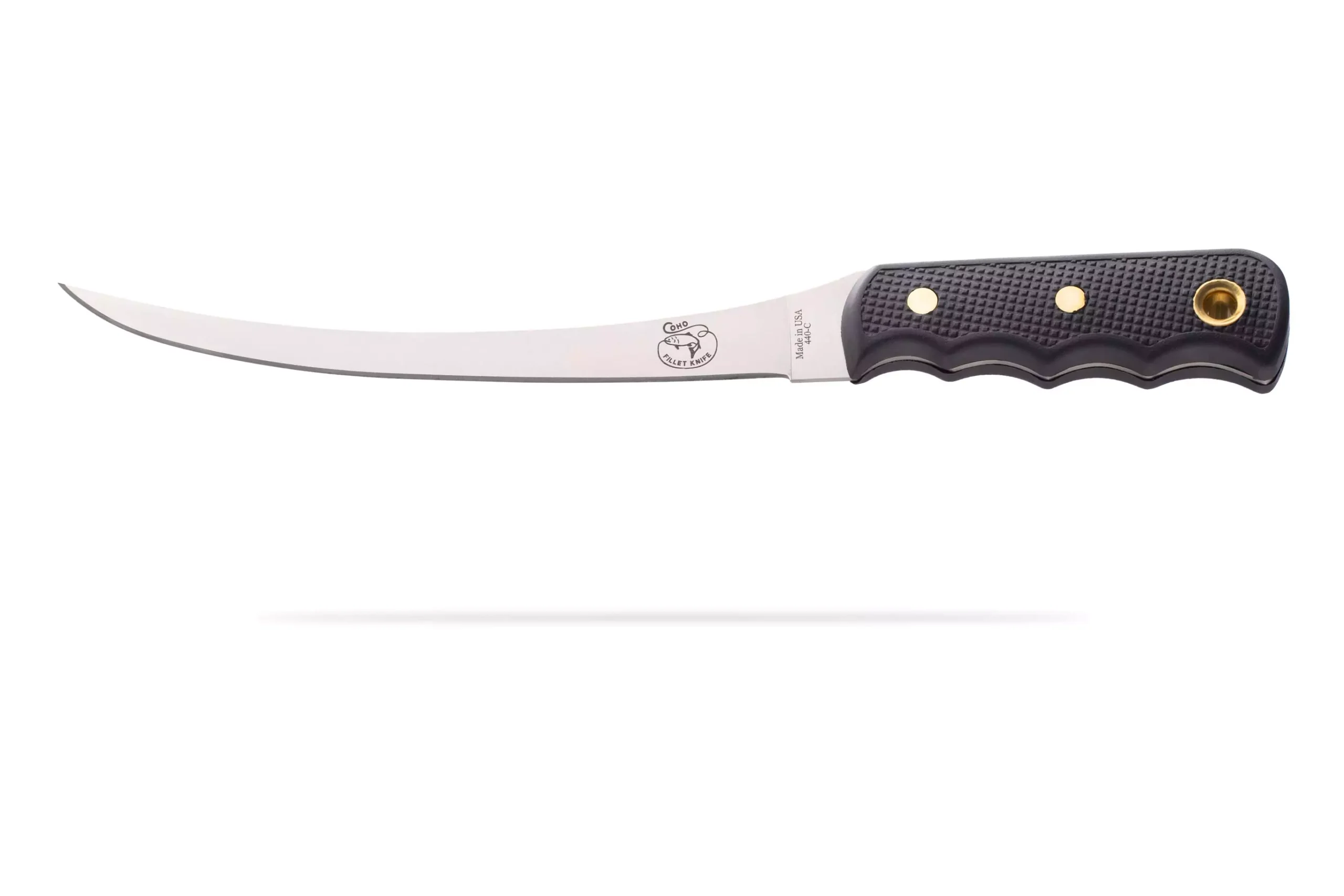 Coho fillet knife with black Suregrip handle and curved stainless steel blade