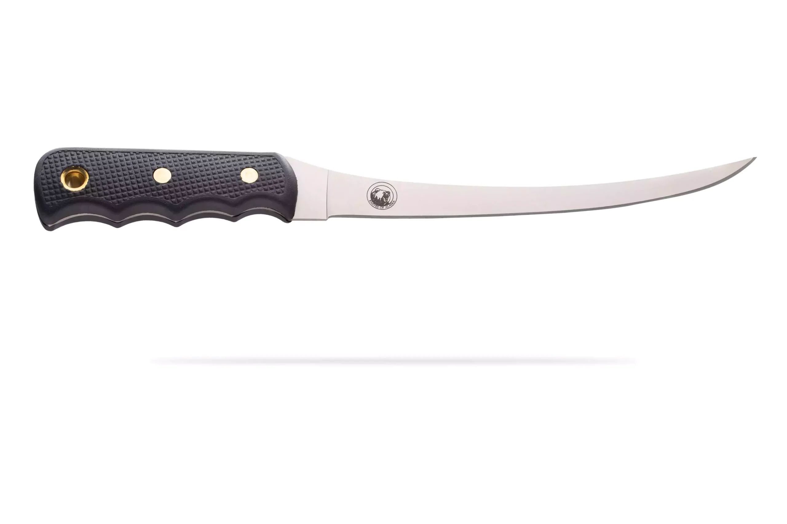 Coho fillet knife with black Suregrip handle and curved stainless steel blade