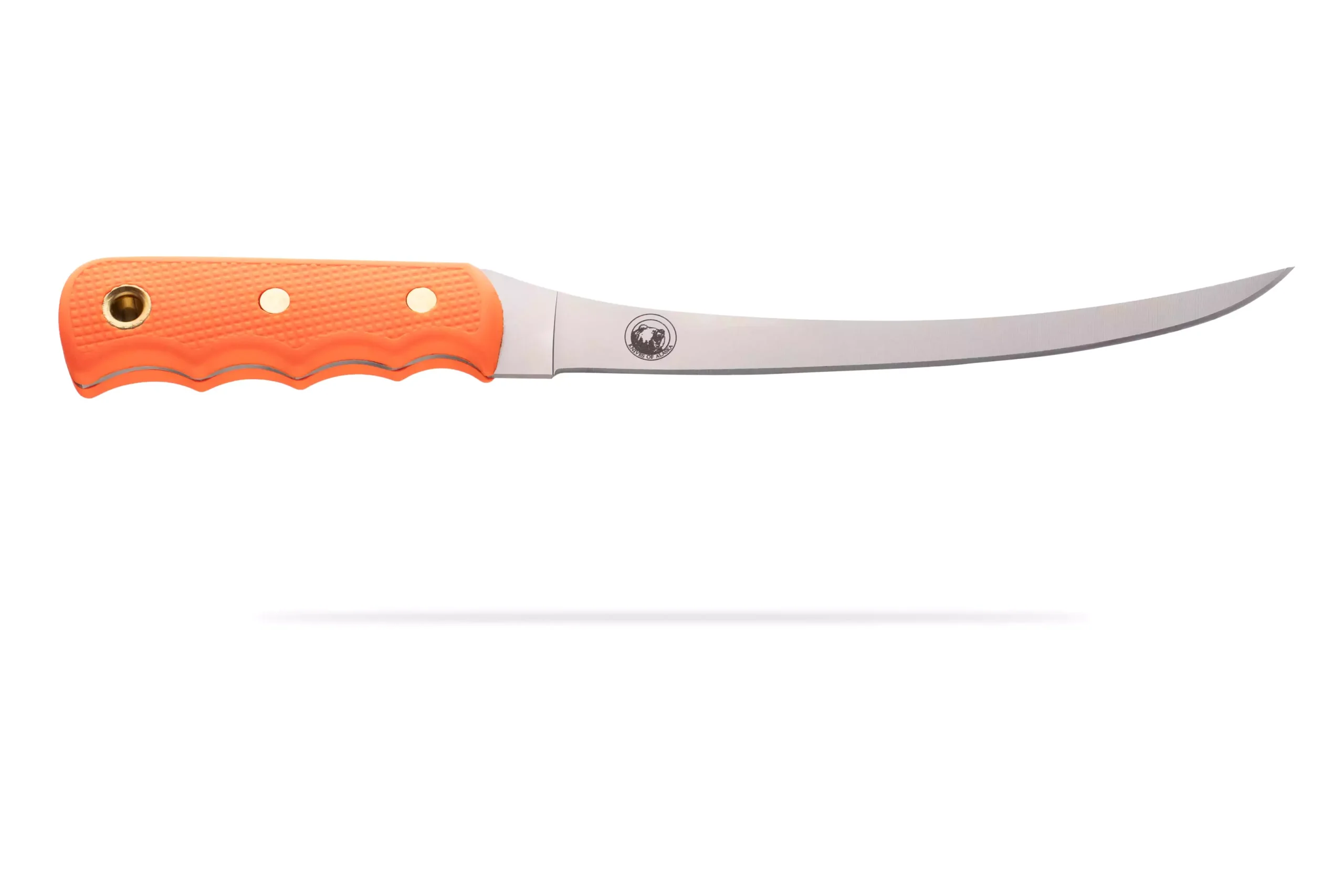 Coho fillet knife with orange Suregrip handle and curved 440C stainless steel blade