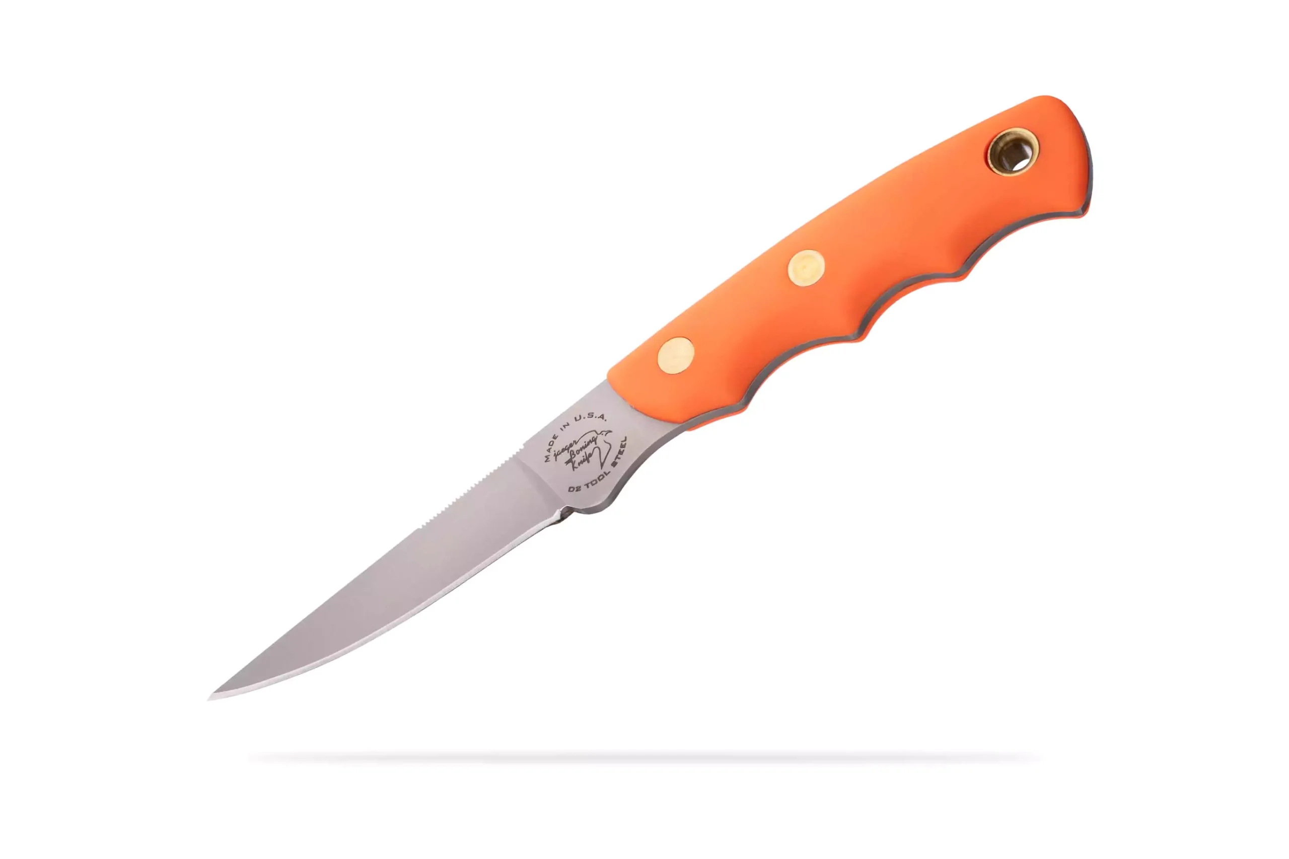 Jaeger boning knife with orange Suregrip handle and narrow D2 steel blade