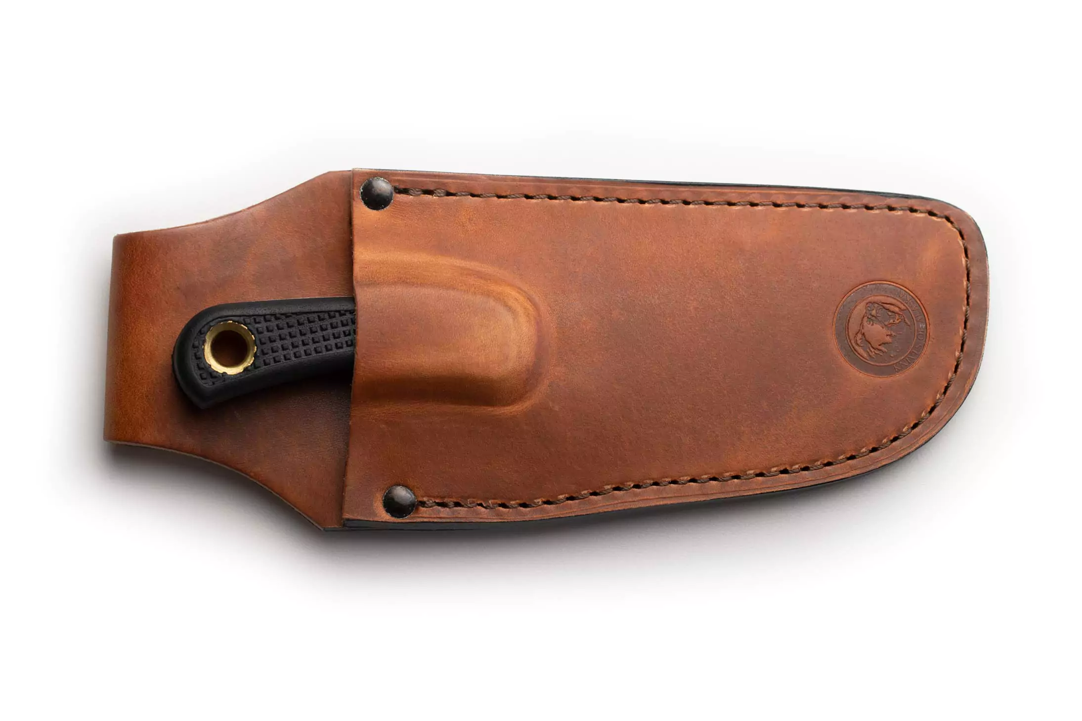 Light Hunter knife in leather sheath with Suregrip handle visible