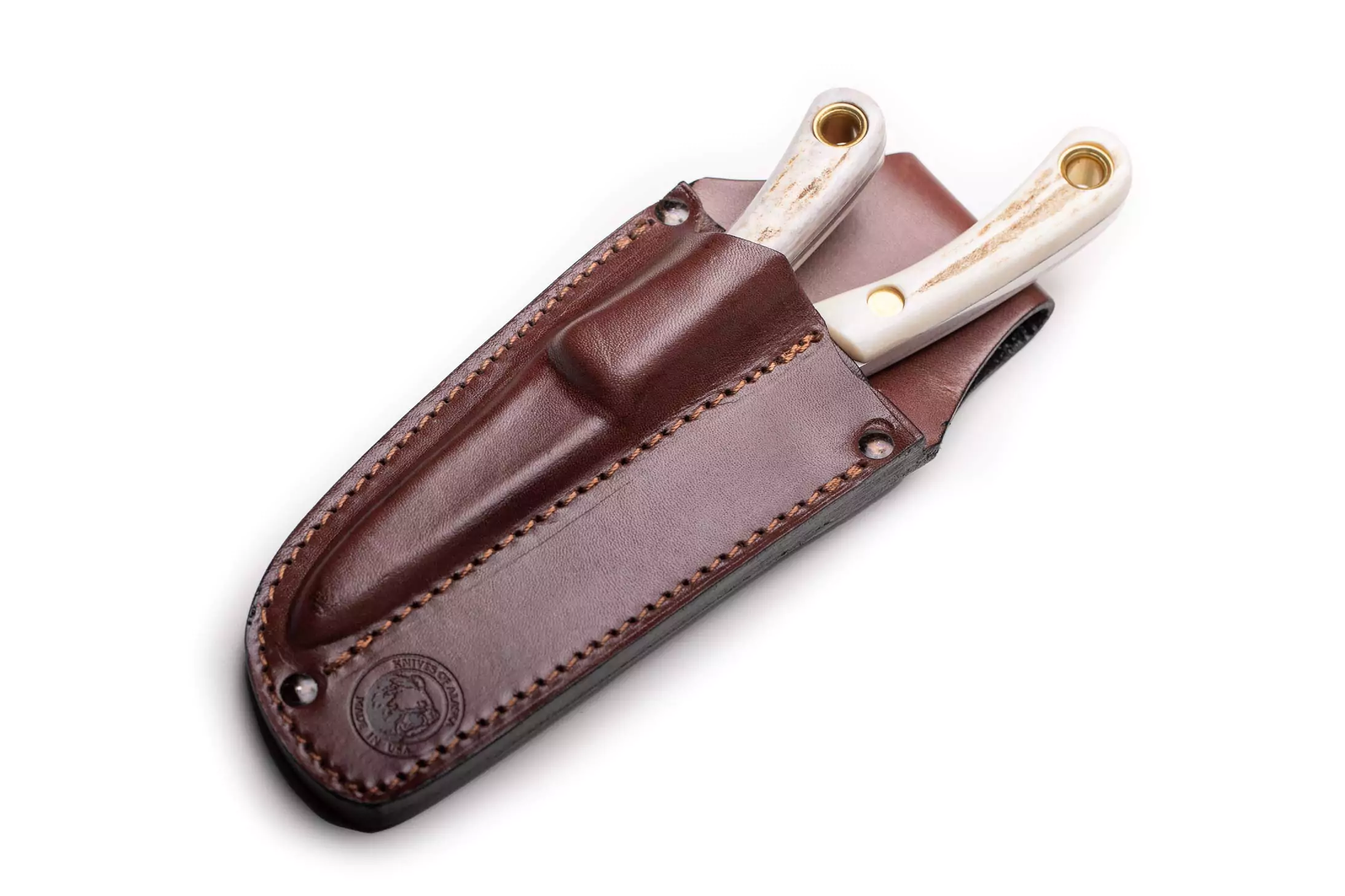 Knives of Alaska Light Hunter and Cub Bear combo with stag handles in leather sheath