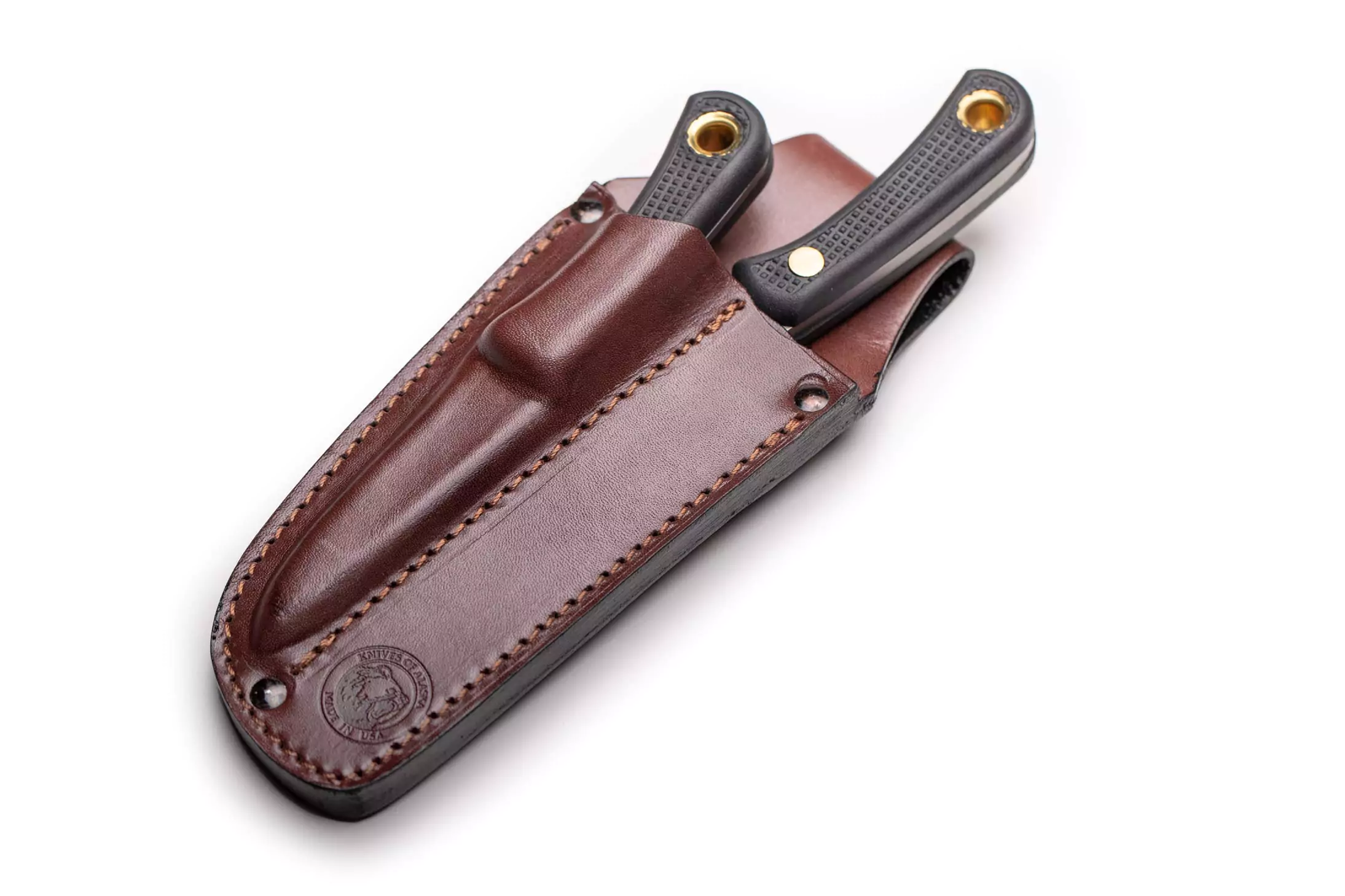 Knives of Alaska Light Hunter and Cub Bear combo in leather sheath with Suregrip handles