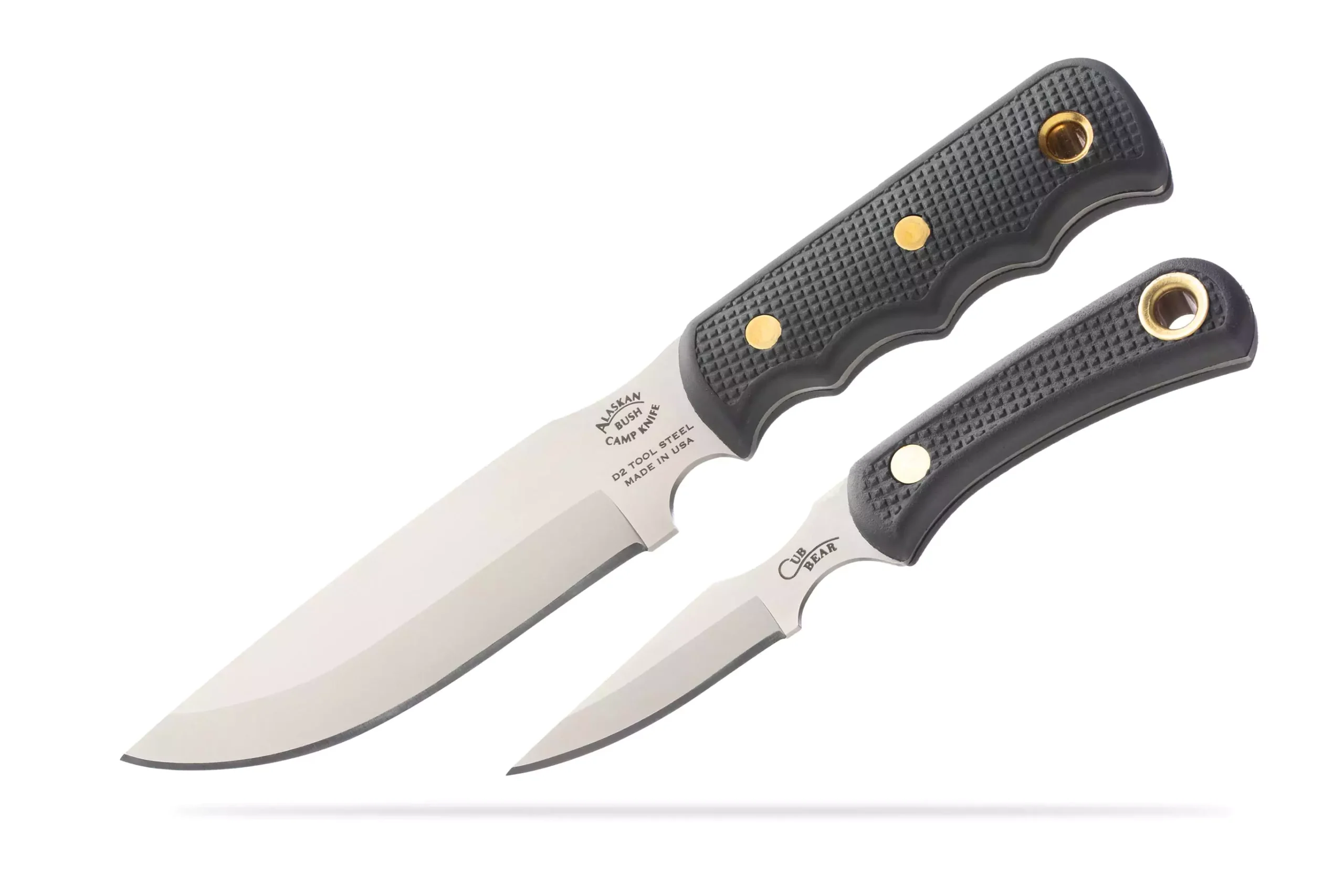 Bushcamp and Cub Bear knife set with black Suregrip handles and D2 tool steel blades