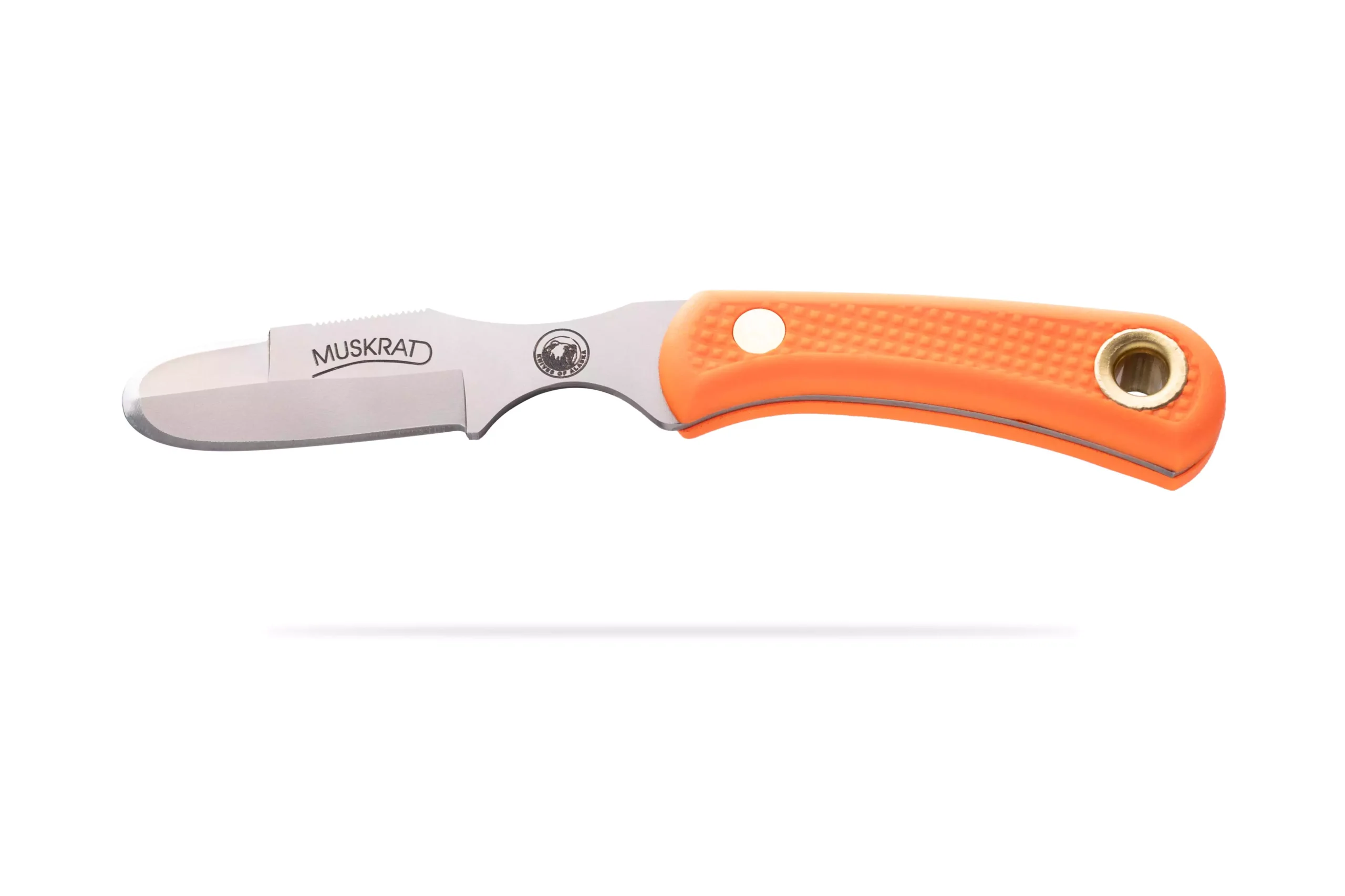 Knives of Alaska Muskrat knife with orange Suregrip handle and engraved logo