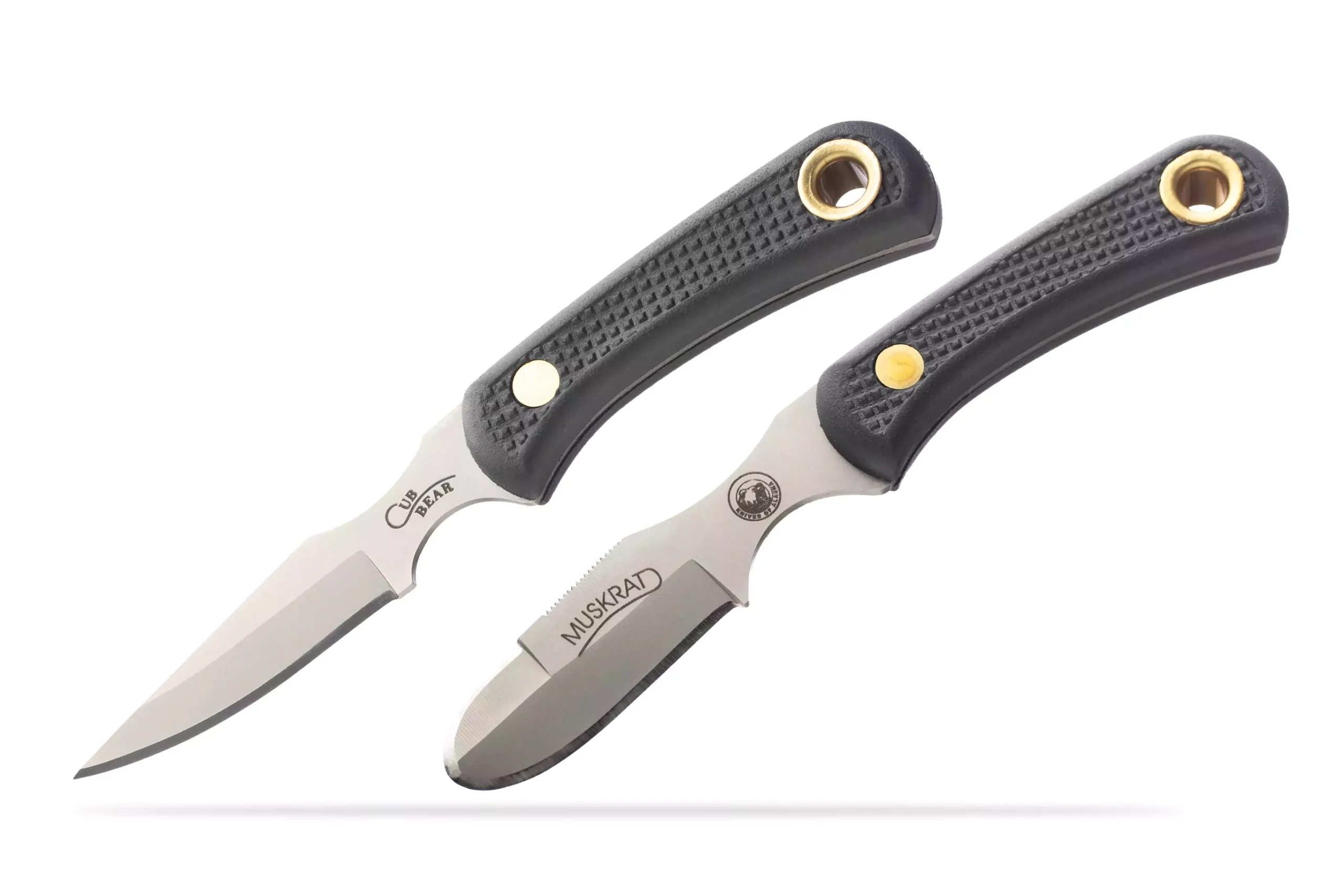 Knives of Alaska Cub Bear and Muskrat knives with black Suregrip handles on white background