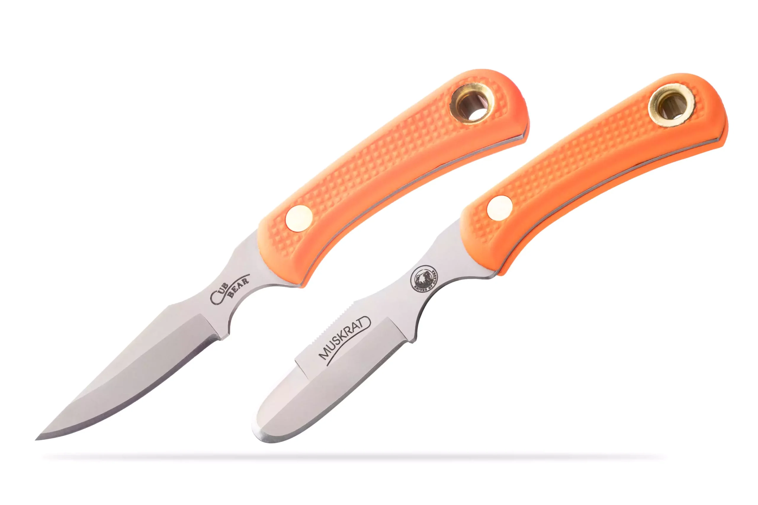 Knives of Alaska Cub Bear and Muskrat knives with black Suregrip handles on white background