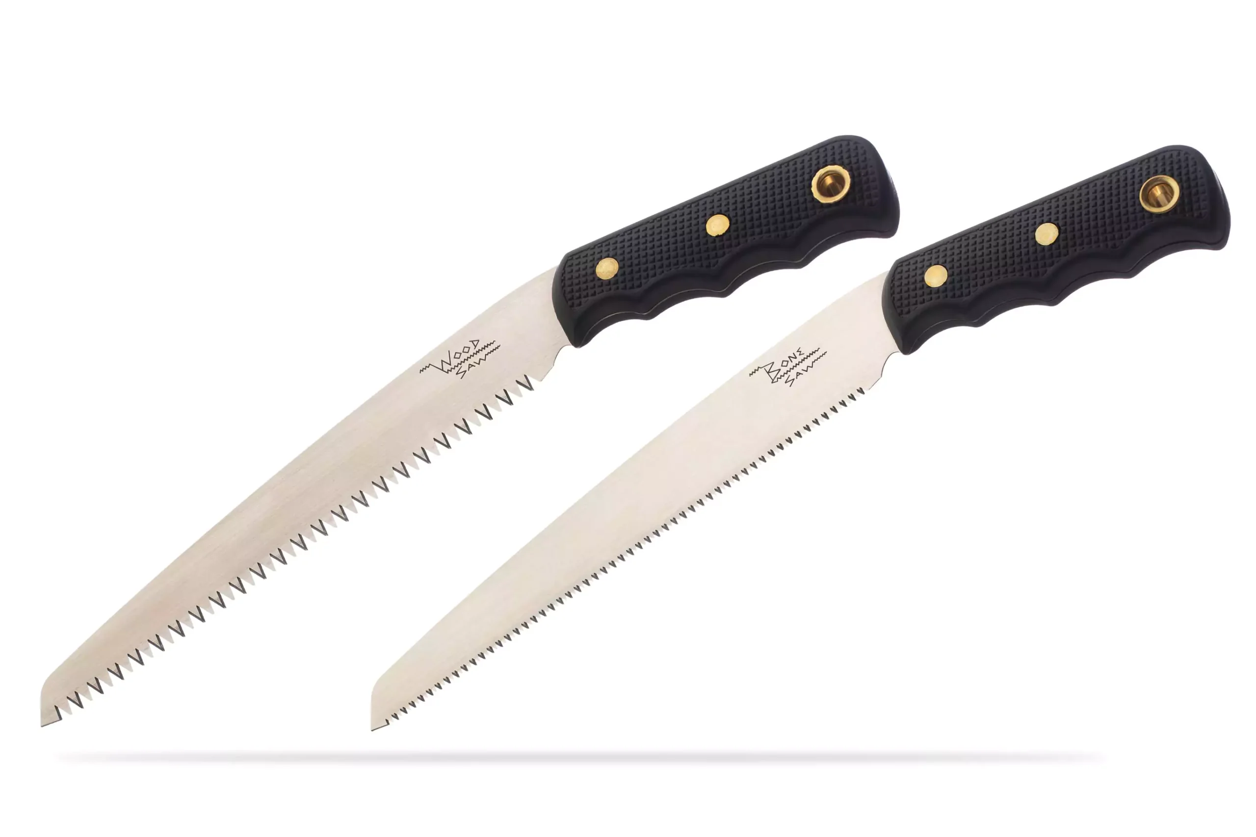 Knives of Alaska wood saw and bone saw with black textured handles and SK5 steel blades