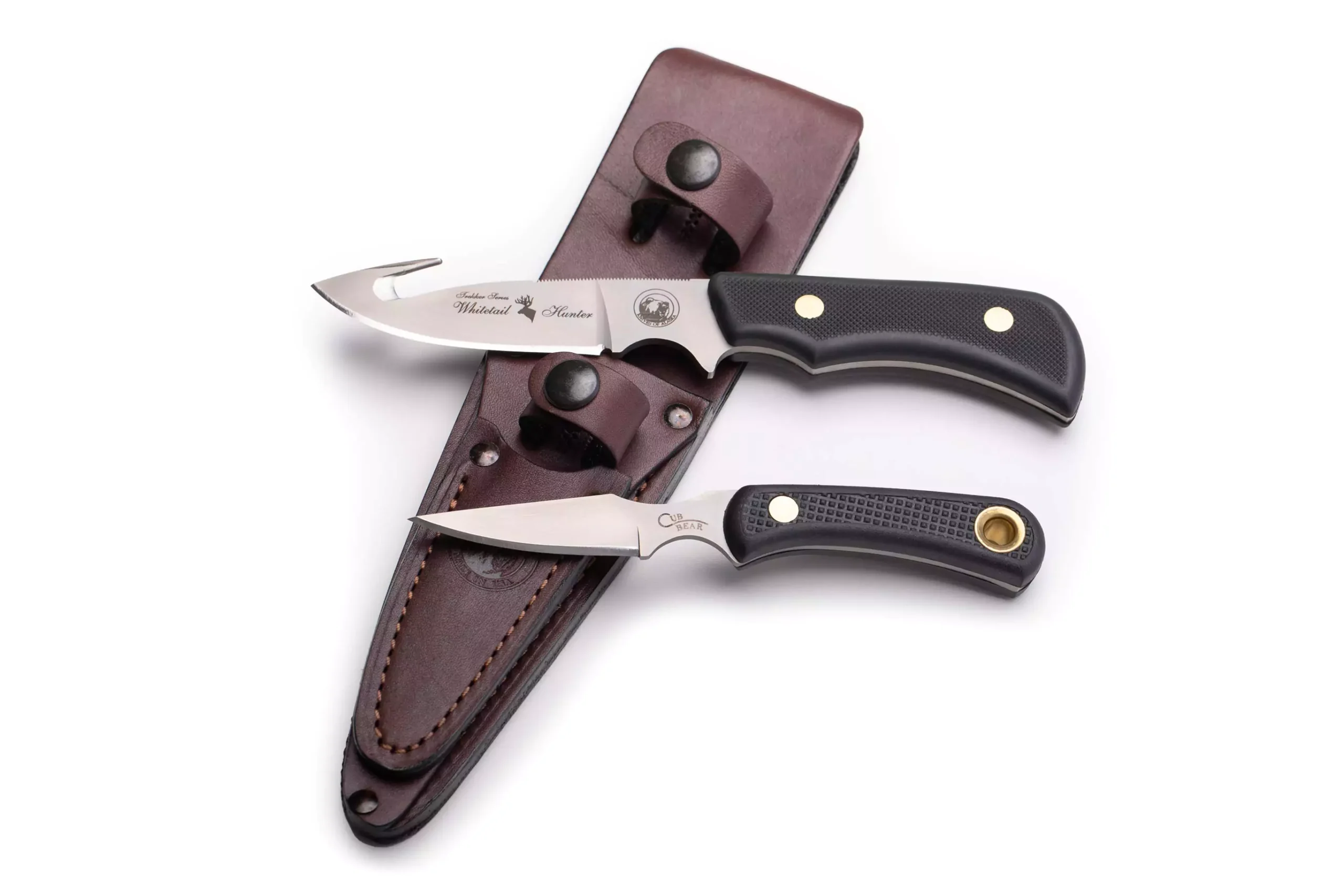 Knives of Alaska Trekker Whitetail Hunter and Cub Bear Combo set with brown leather sheath.