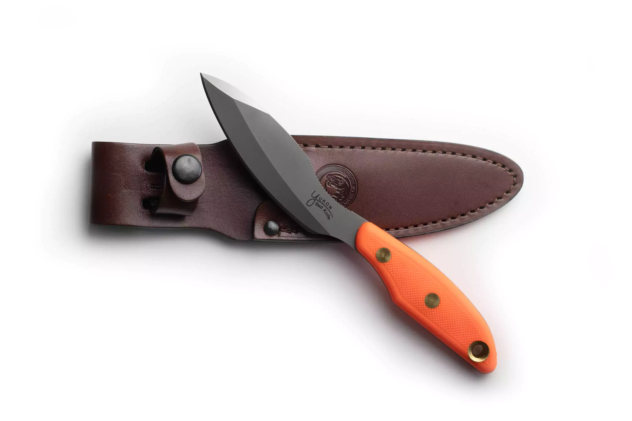 Knives of Alaska Yukon #2 knife with blaze orange SureGrip handle and D2 tool steel blade, paired with leather sheath.