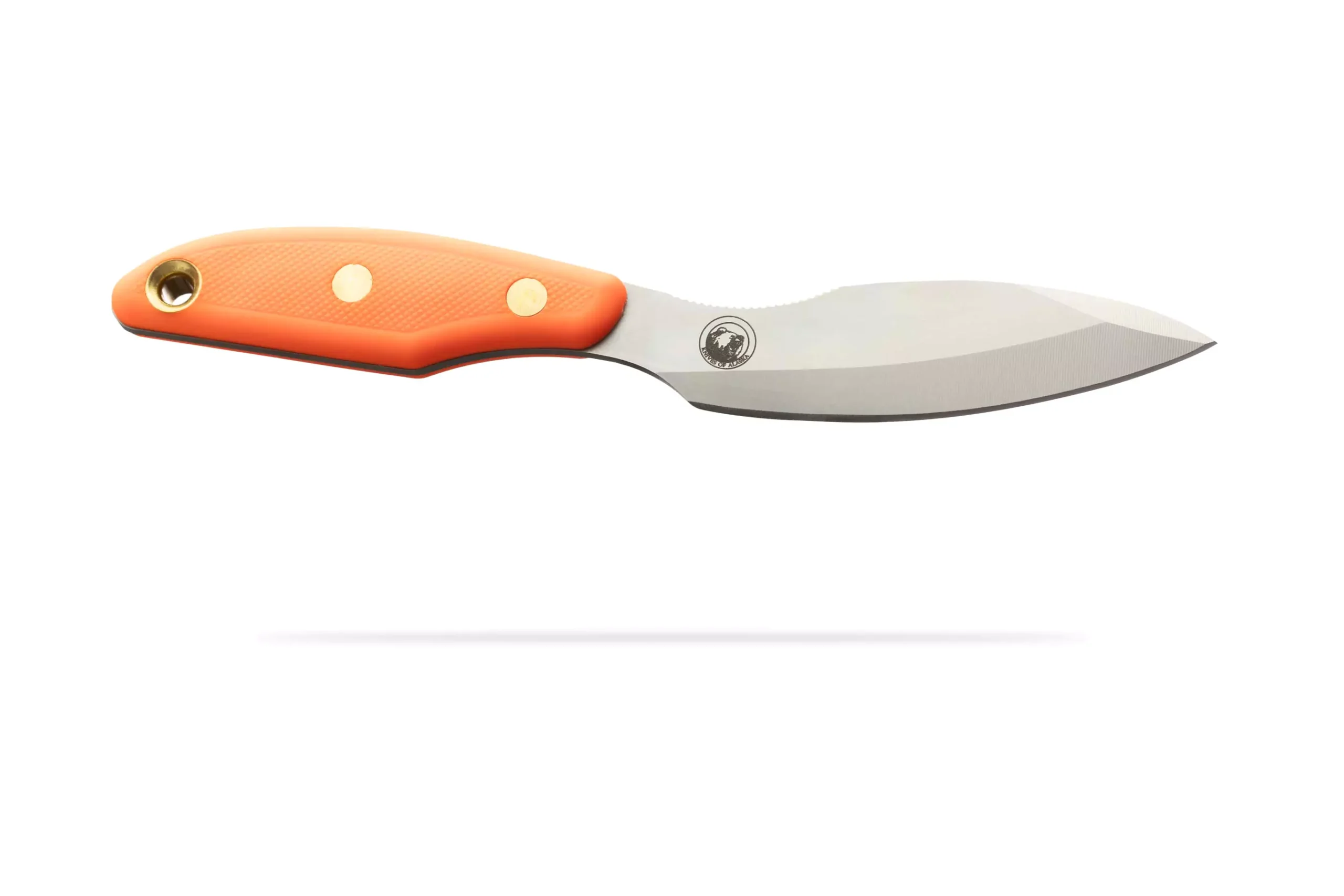 Knives of Alaska Yukon #2 knife with blaze orange SureGrip handle and D2 tool steel blade, side view.