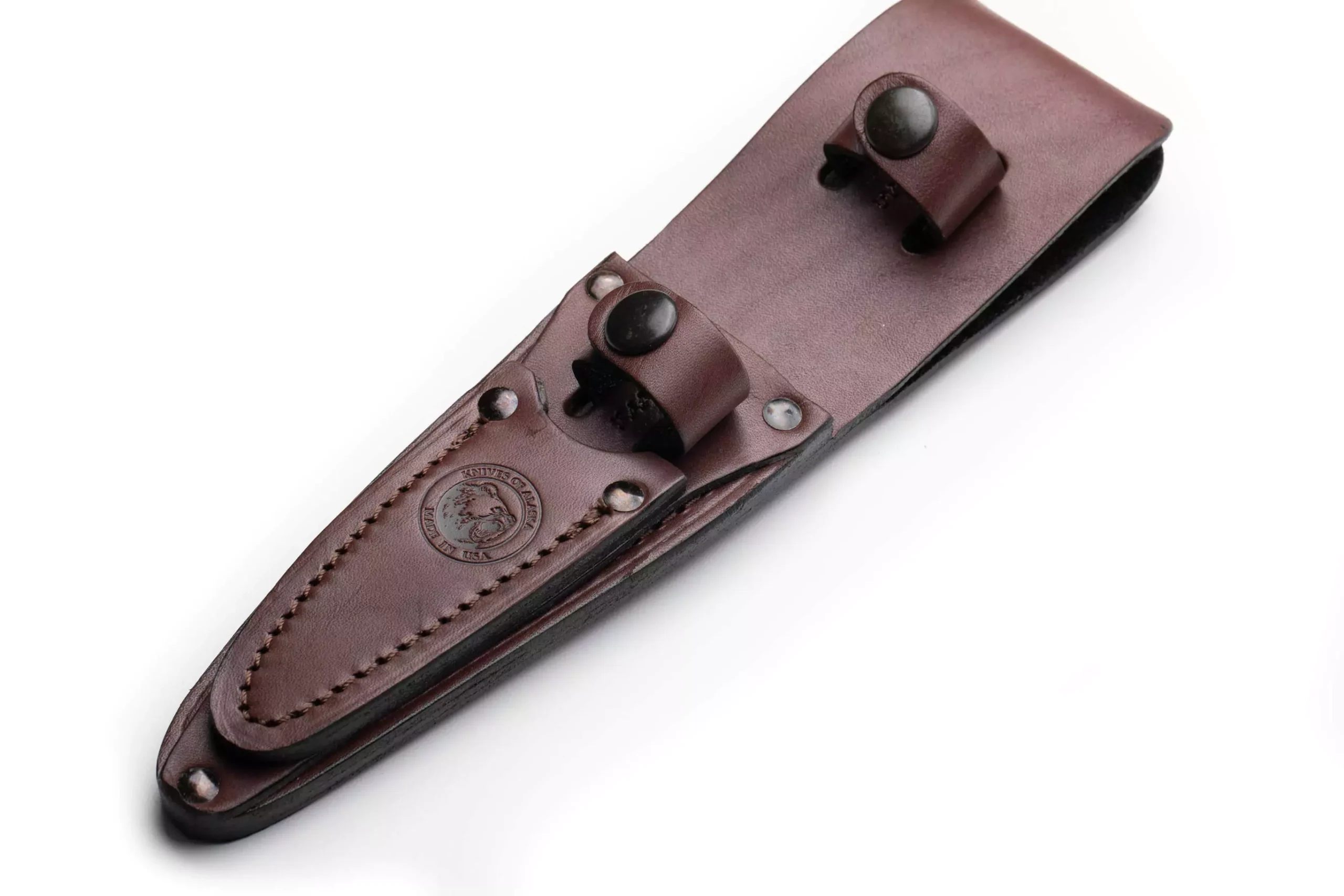 Knives of Alaska dark brown leather combo sheath with dual retention straps and embossed logo.