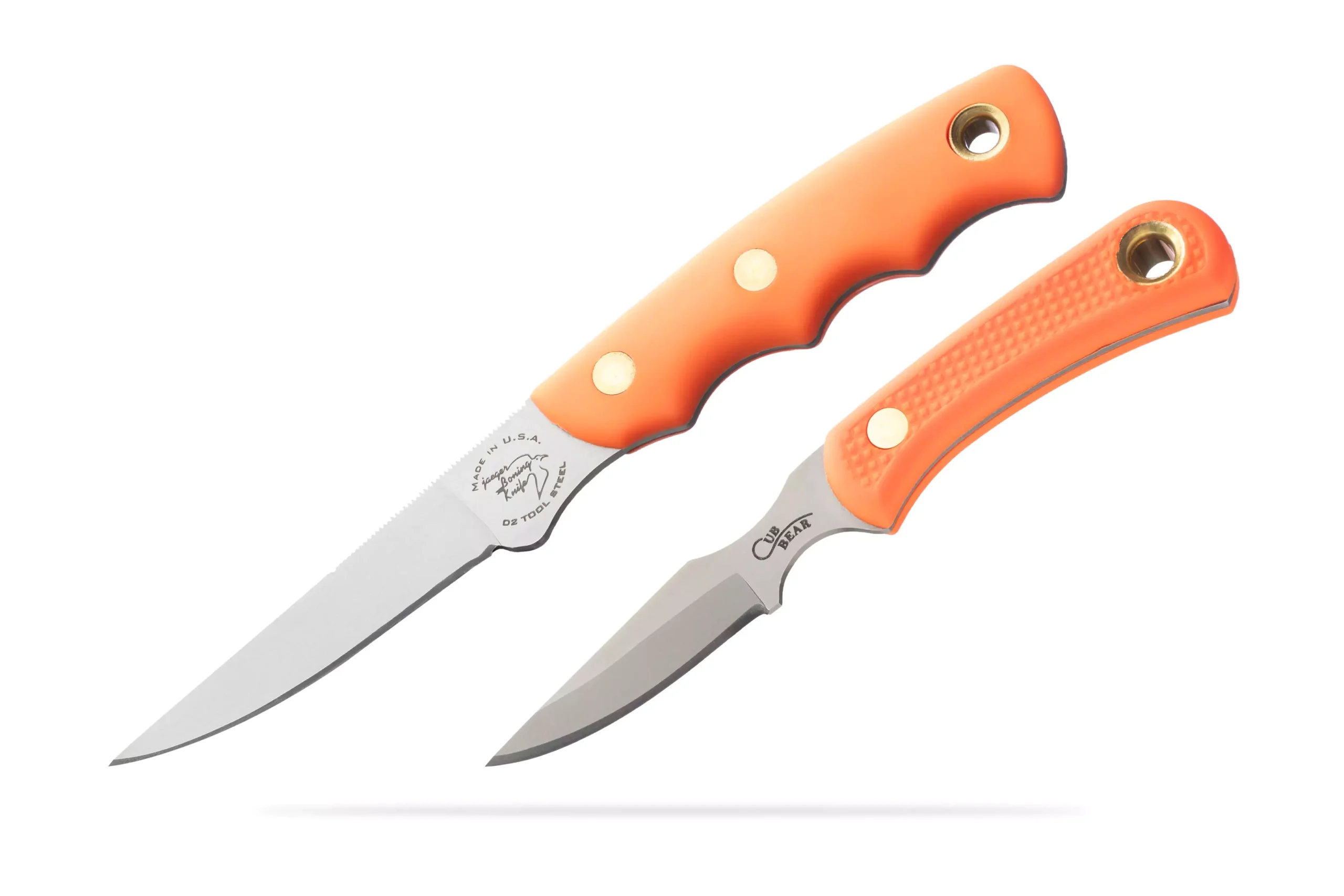Knives of Alaska Jaeger and Cub Bear knife combo with orange Suregrip handles and D2 tool steel blades.