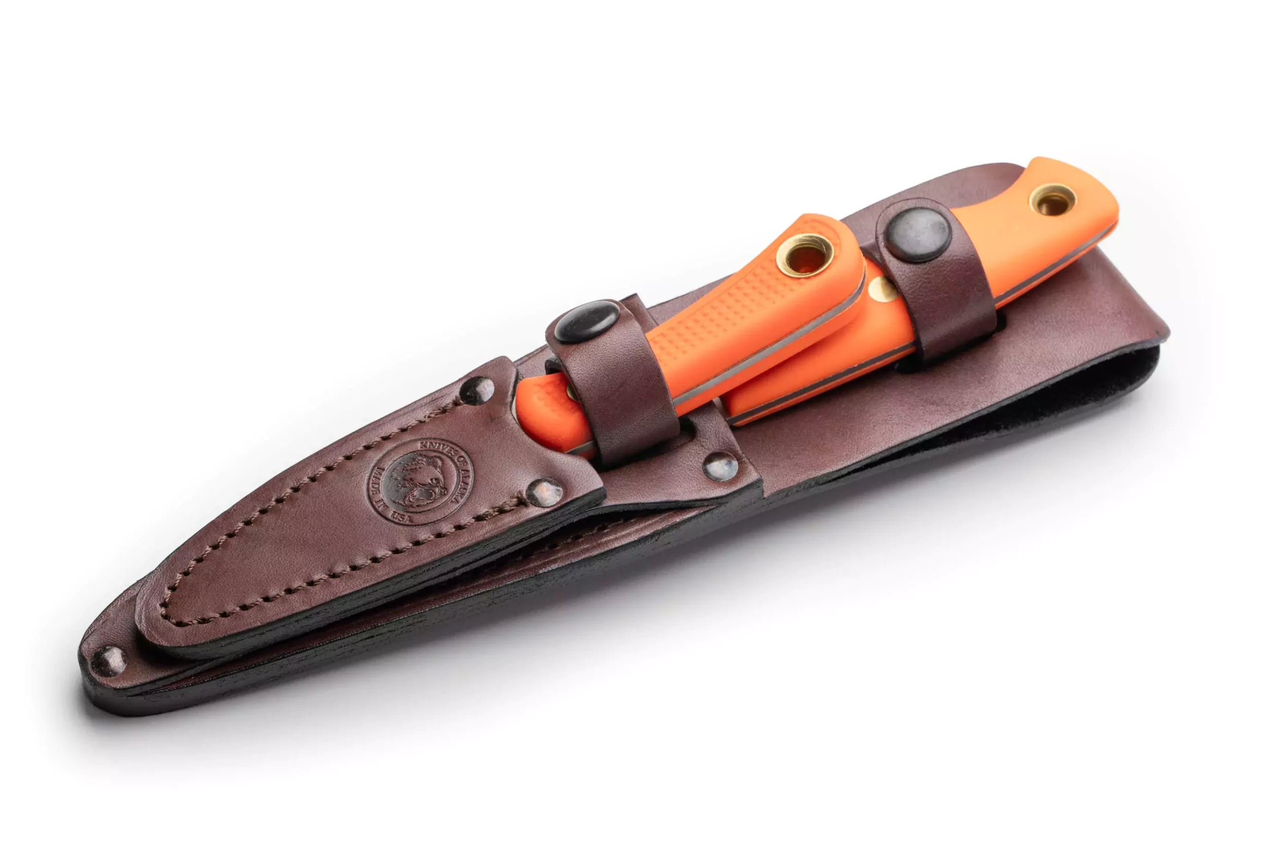 Knives of Alaska Jaeger and Cub Bear combo with orange Suregrip handles in a brown leather sheath.