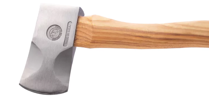 Bobcat Mini Hatchet by Knives of Alaska with polished head and wooden handle.