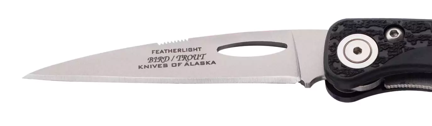 Featherlight Bird and Trout folding knife with black handle and slim D2 blade