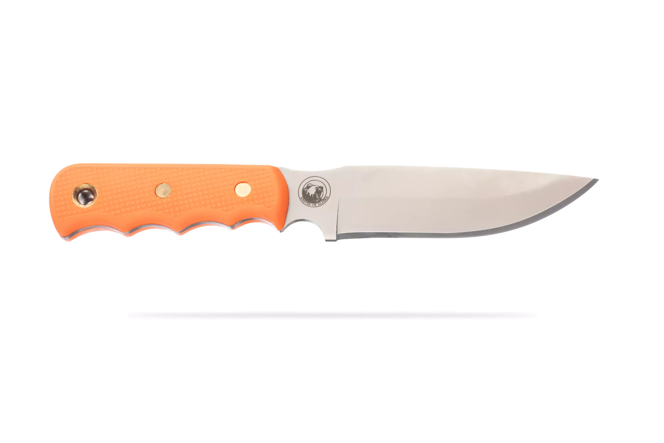 Knives of Alaska Bushcamp knife with orange Suregrip handle and D2 steel blade