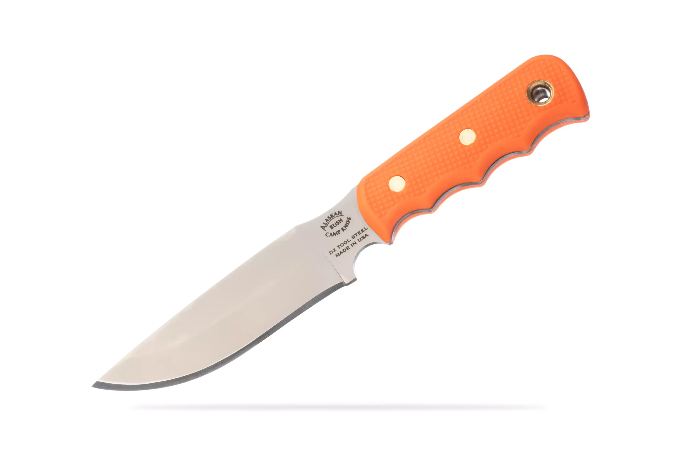 Knives of Alaska Bushcamp knife with orange Suregrip handle and D2 steel blade