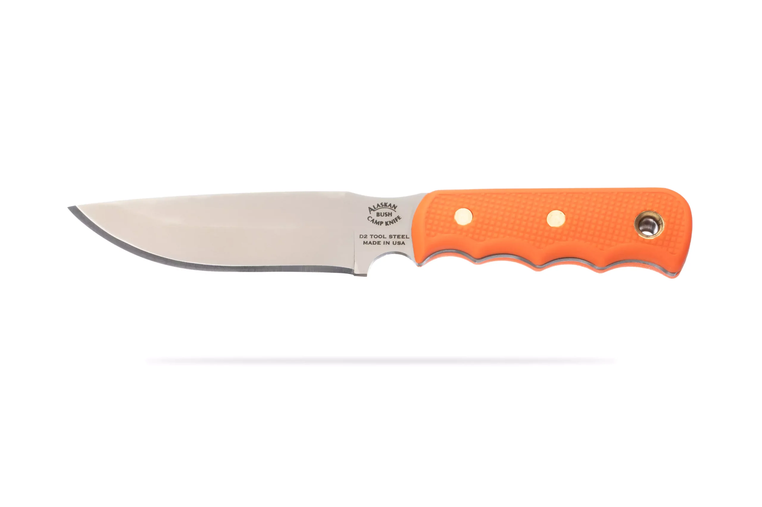Knives of Alaska Bushcamp knife with orange Suregrip handle and D2 steel blade