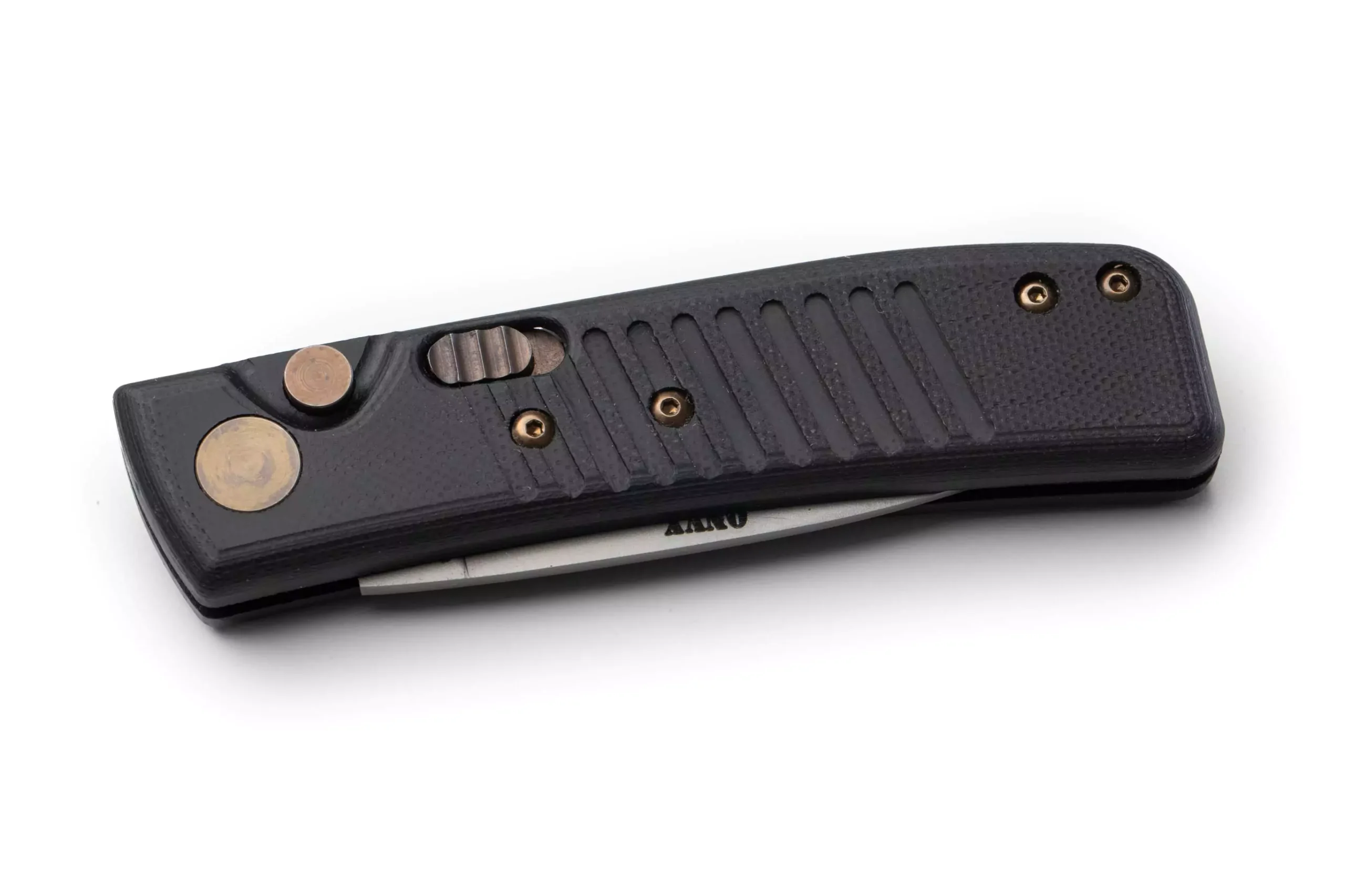 Knives of Alaska Onyx Auto folding knife in closed position, featuring an OD black textured grip, bronze hardware, and partially visible Magnacut blade.