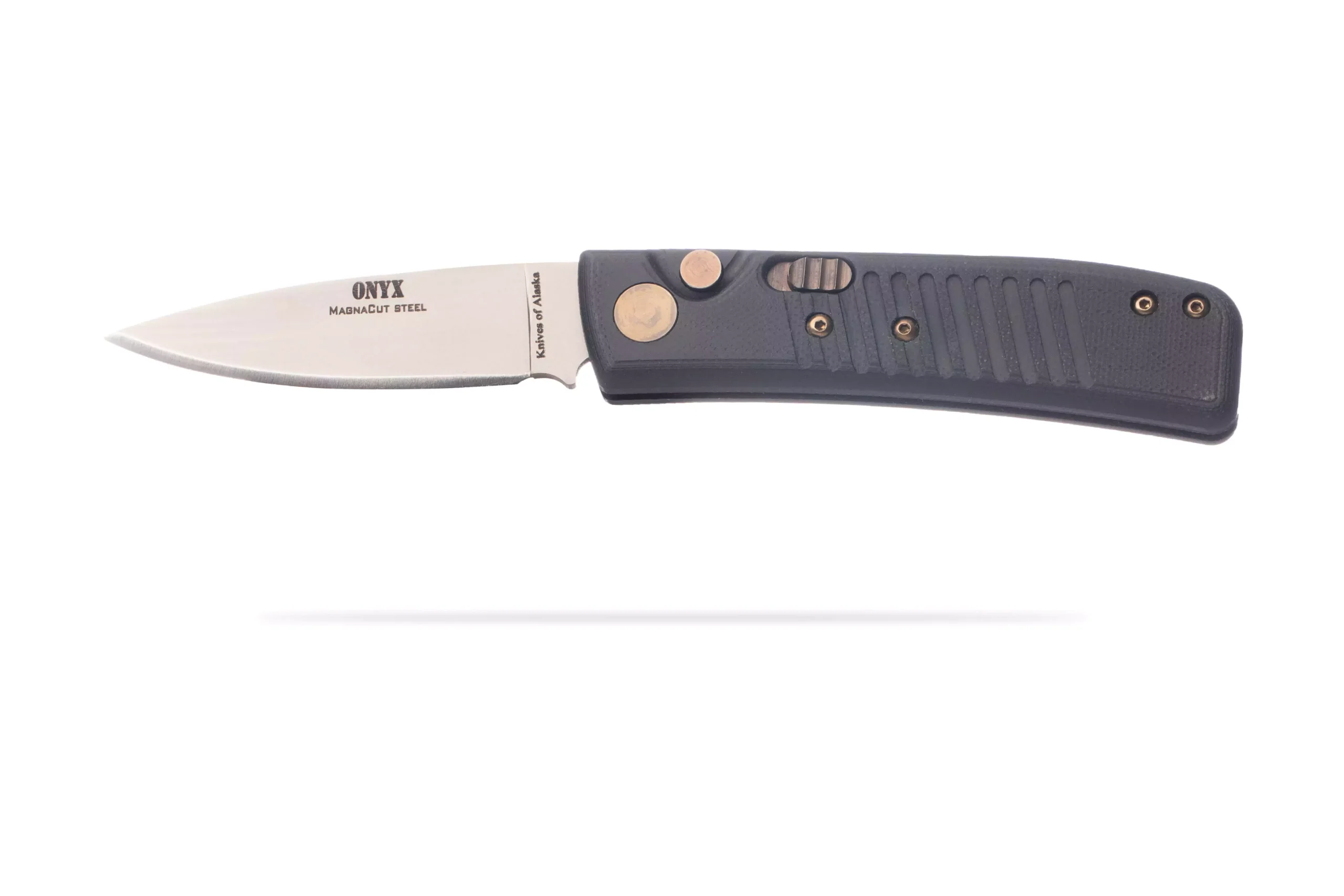 Knives of Alaska Onyx Auto folding knife with Magnacut steel blade and OD green grip, featuring a deep-carry pocket clip and precision hardware.