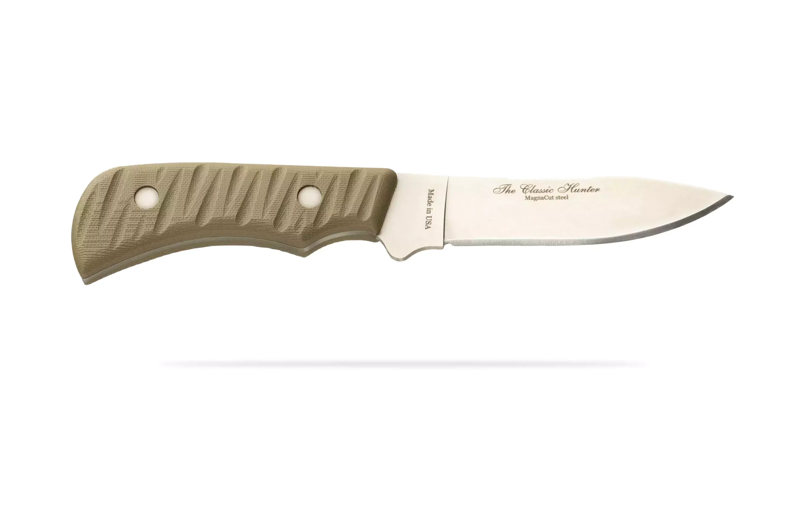 The Classic Hunter drop point hunting knife customized for Ron Spomer, featuring a textured green handle and engraved blade reading "Hunt Honest, Shoot Straight."