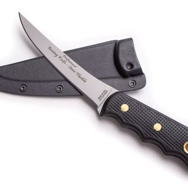 Pro boning knife with semi flexible blade and Sure Grip handle, shown with a fitted black sheath for safe storage and transport.