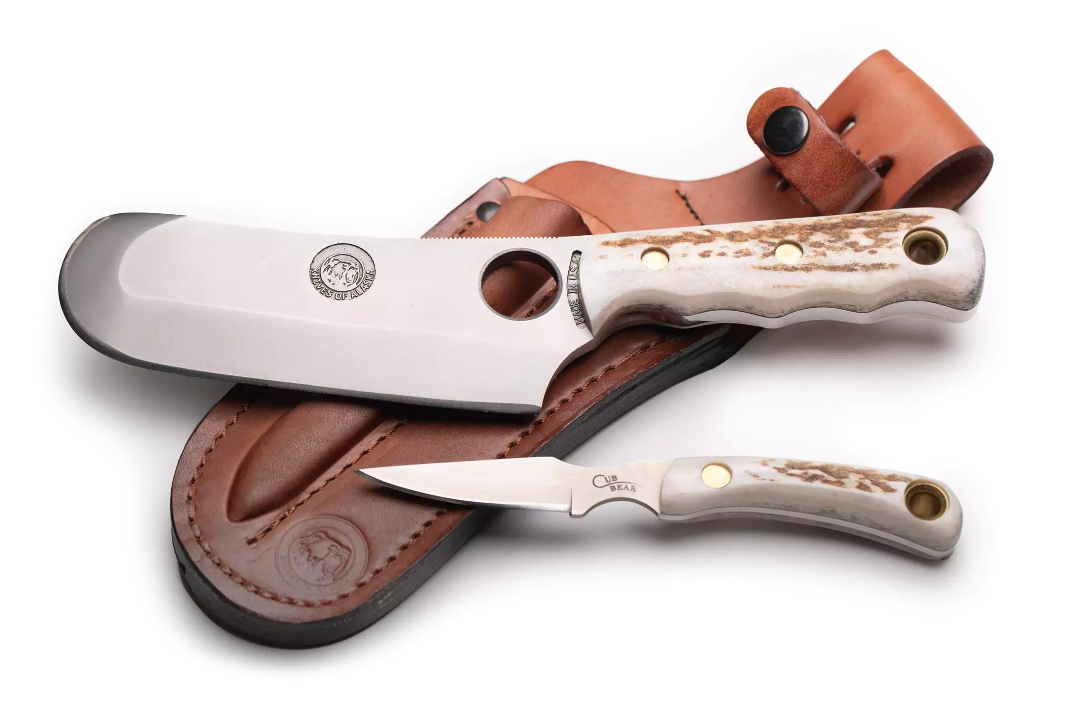 Knives of Alaska Brown Bear and Cub Bear combo knives with stag handles and leather sheath