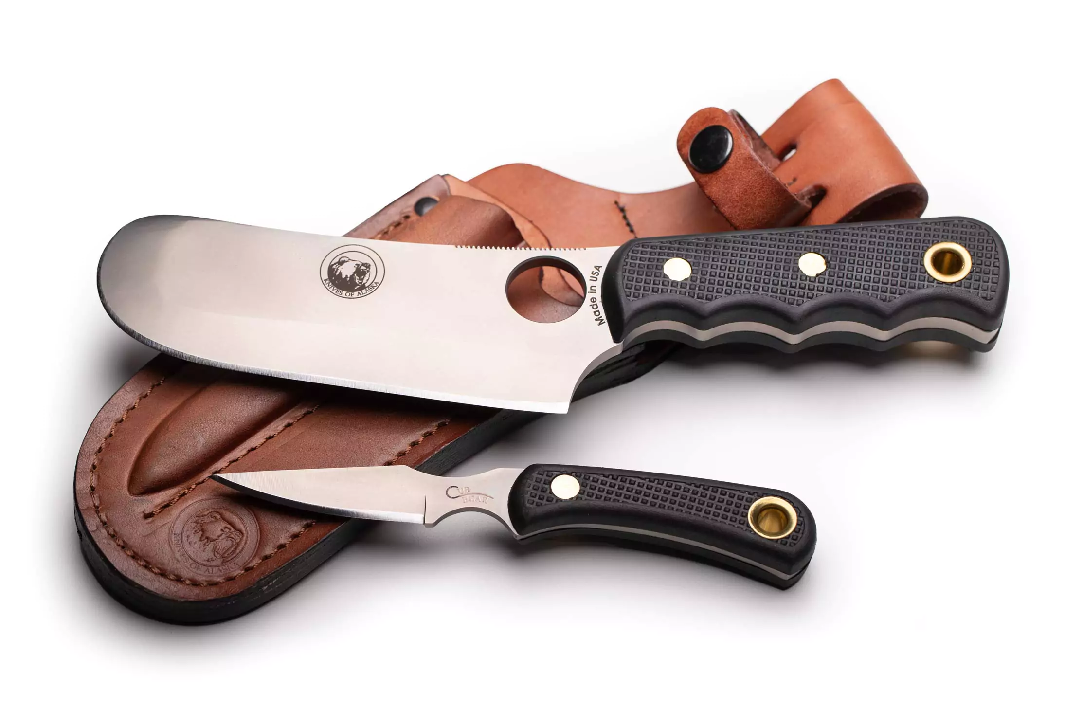 Knives of Alaska Brown Bear and Cub Bear combo with Suregrip handles and leather sheath