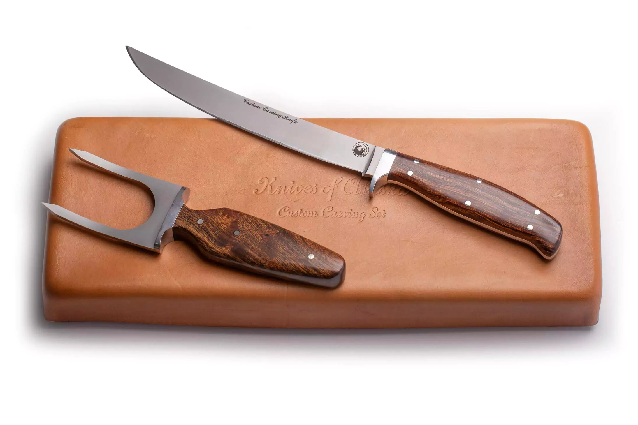 Knives of Alaska custom carving set with 440C stainless blades and ironwood handles on leather case