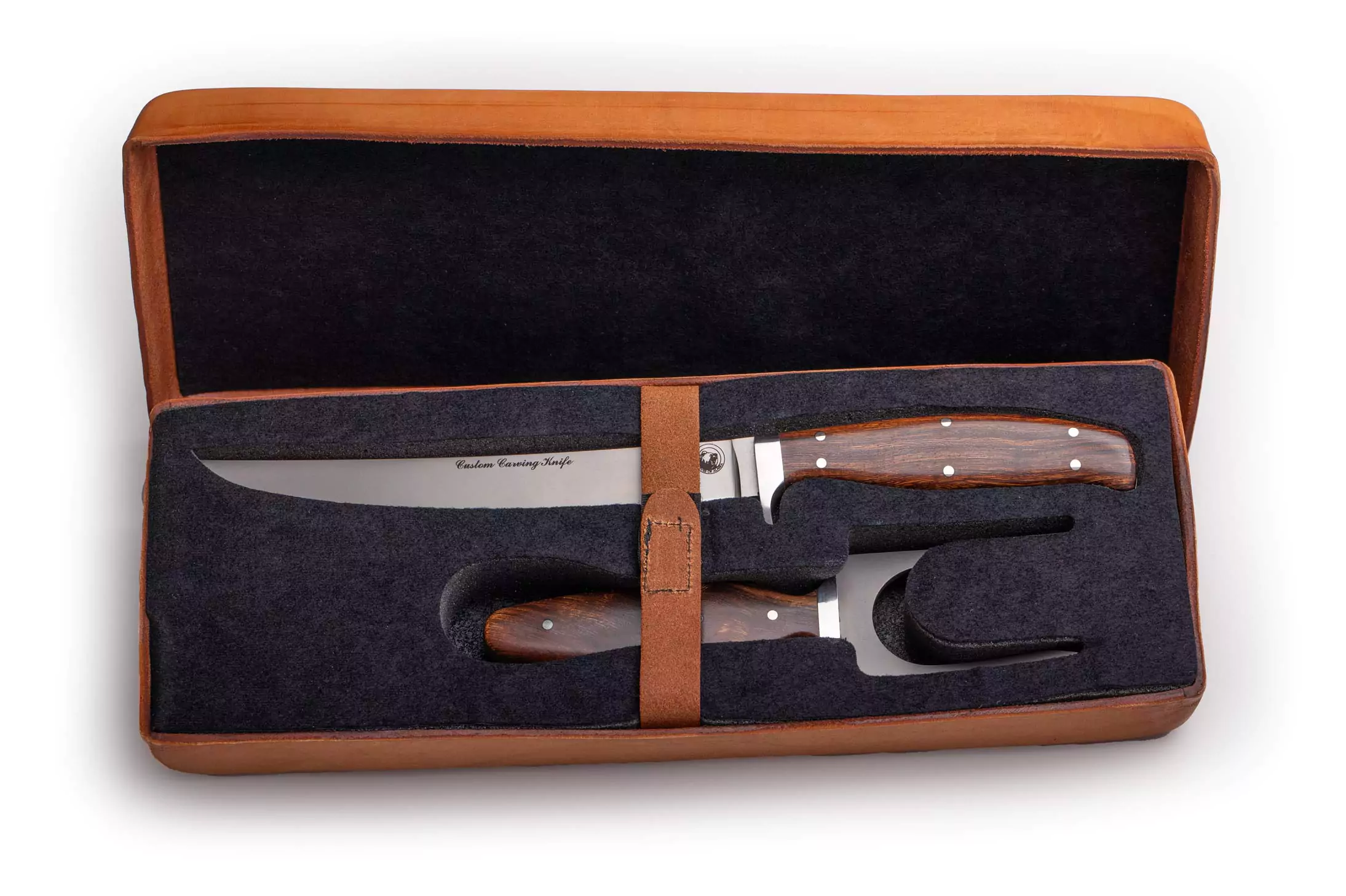 Custom ironwood carving set by Knives of Alaska with knife and fork in leather case