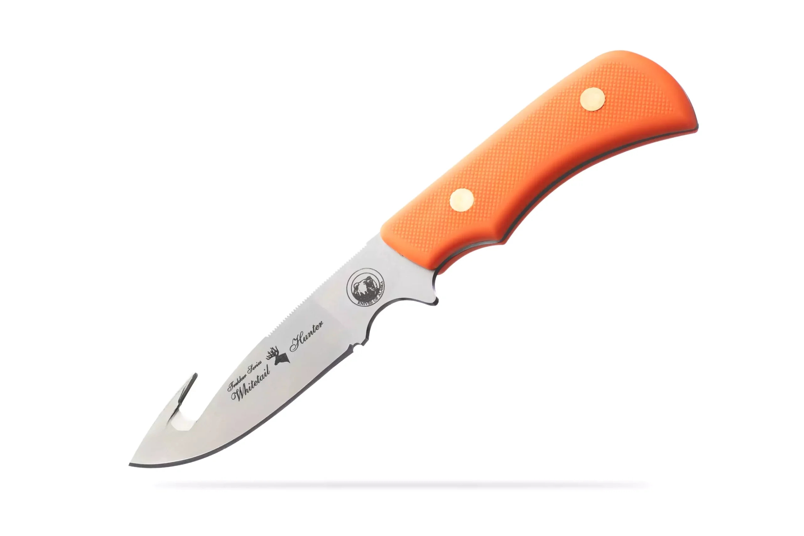 Trekker Whitetail hunting knife with orange Suregrip handle on a white background.