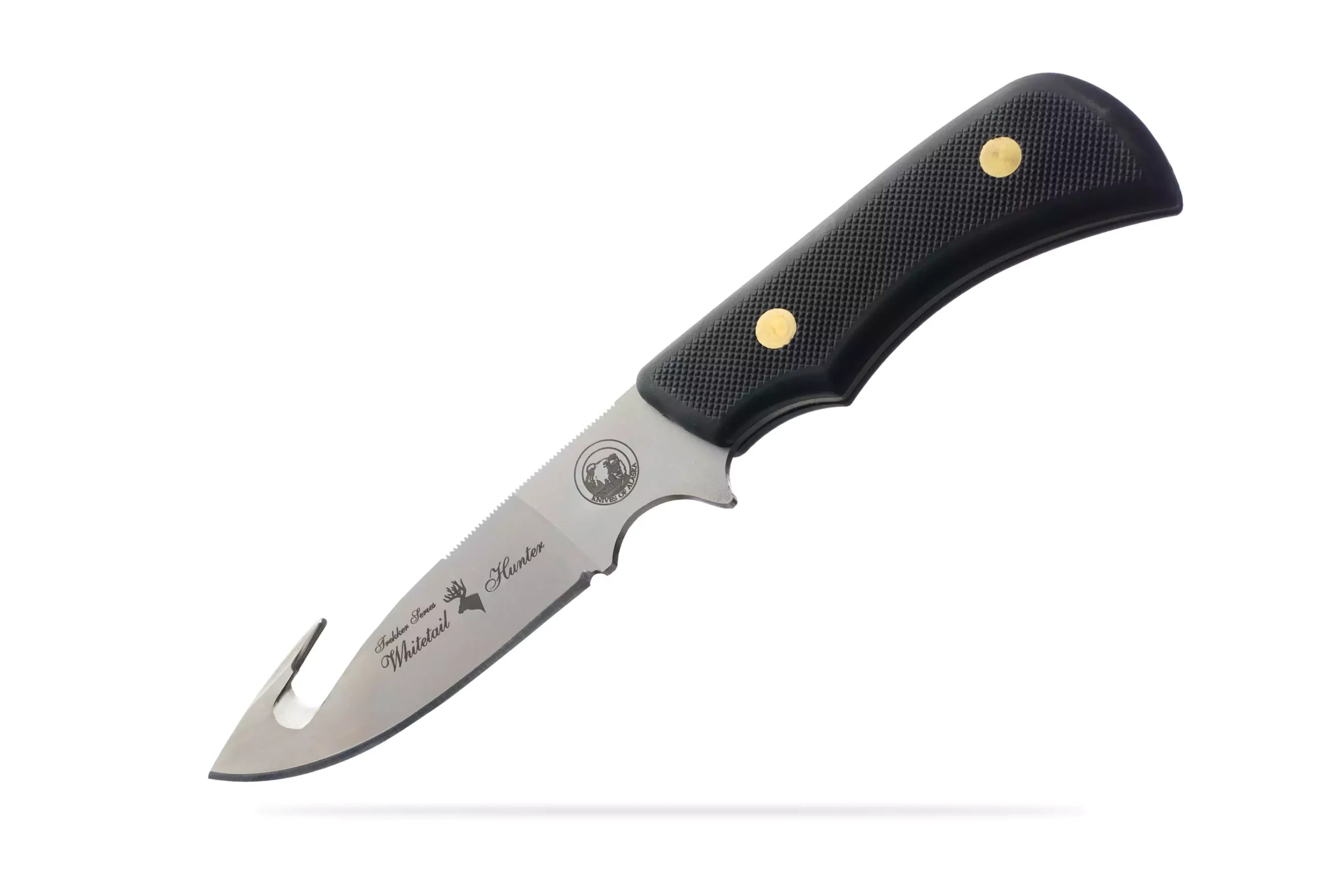 Trekker Whitetail knife with Suregrip black handle and gut hook blade.