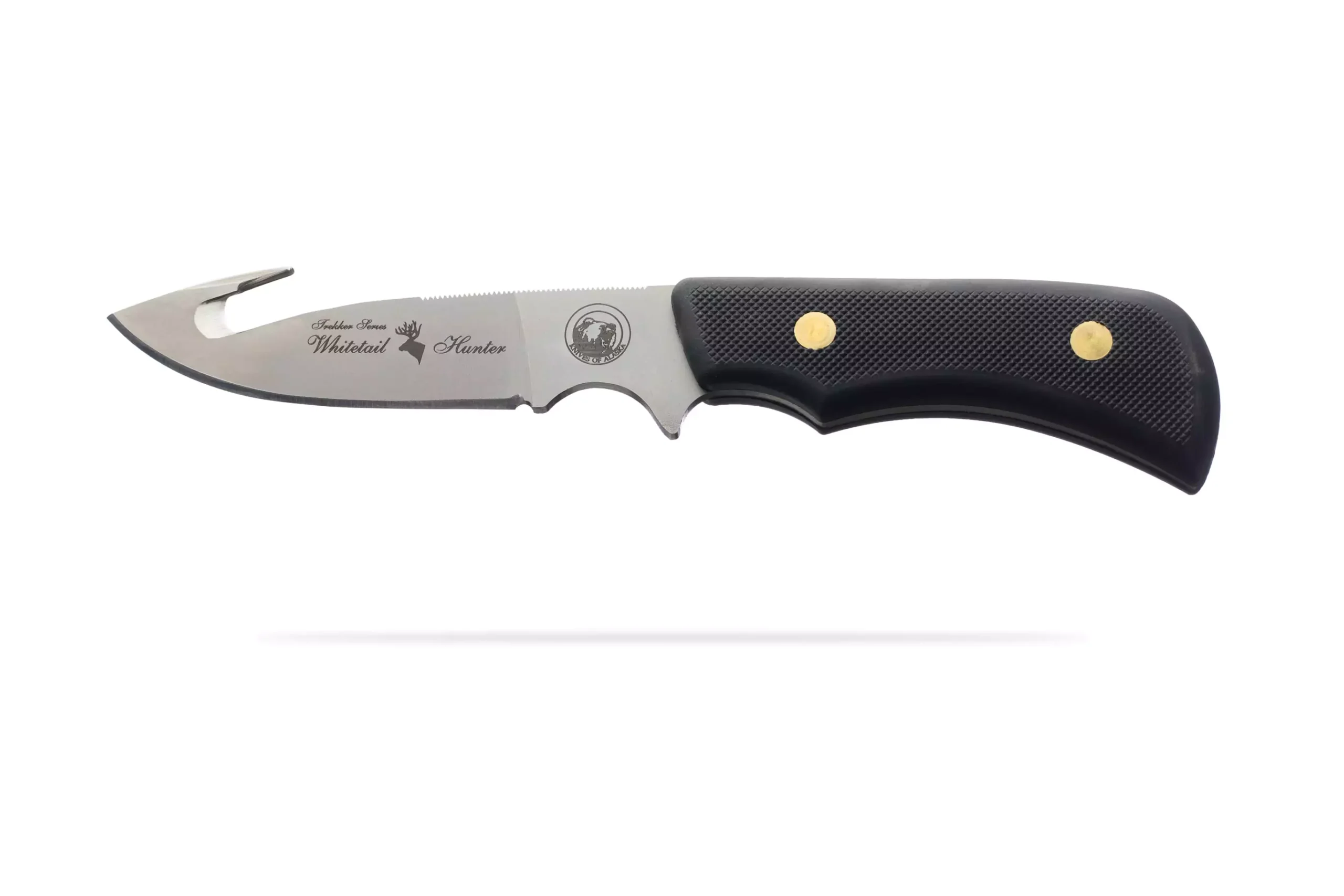 Trekker Whitetail knife with Suregrip black handle and gut hook blade.