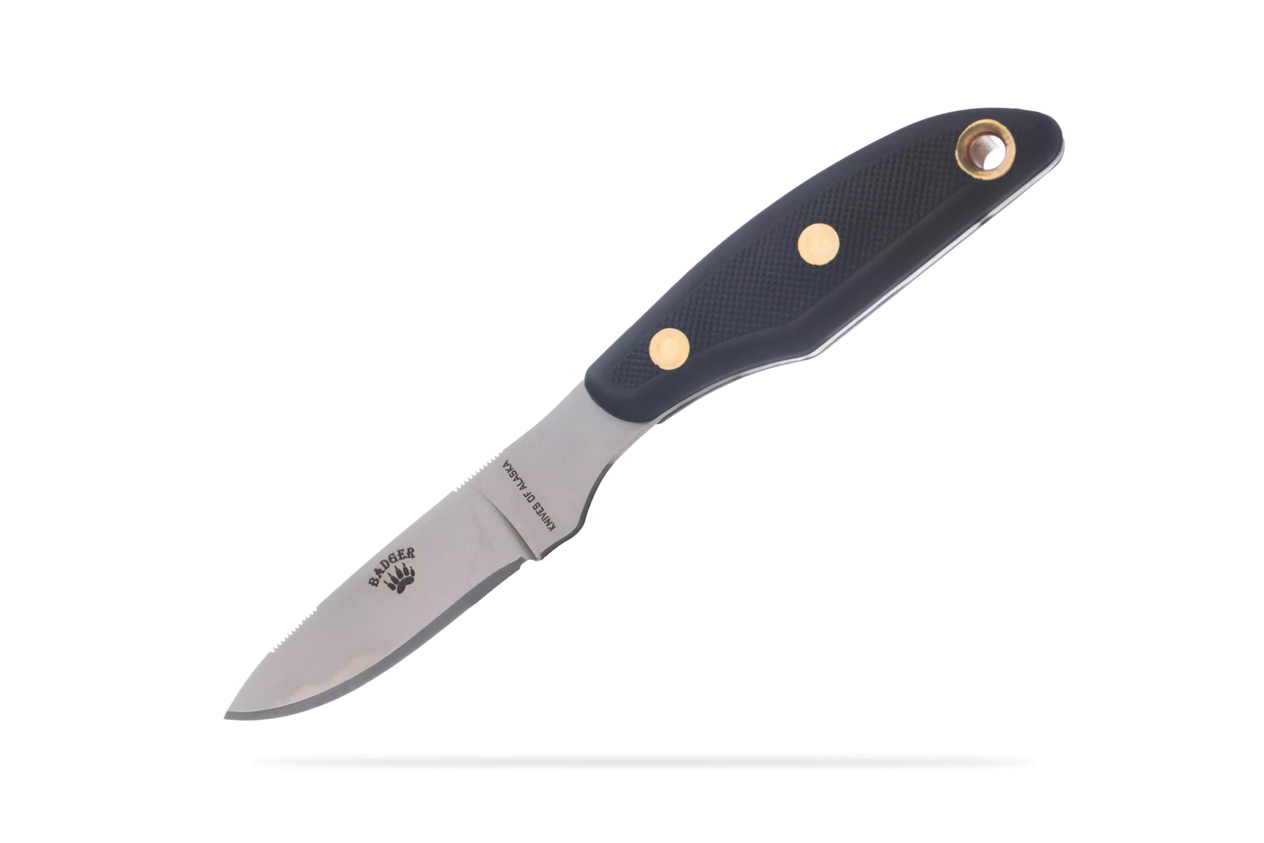 Knives of Alaska Badger knife with black SureGrip handle and compact blade.