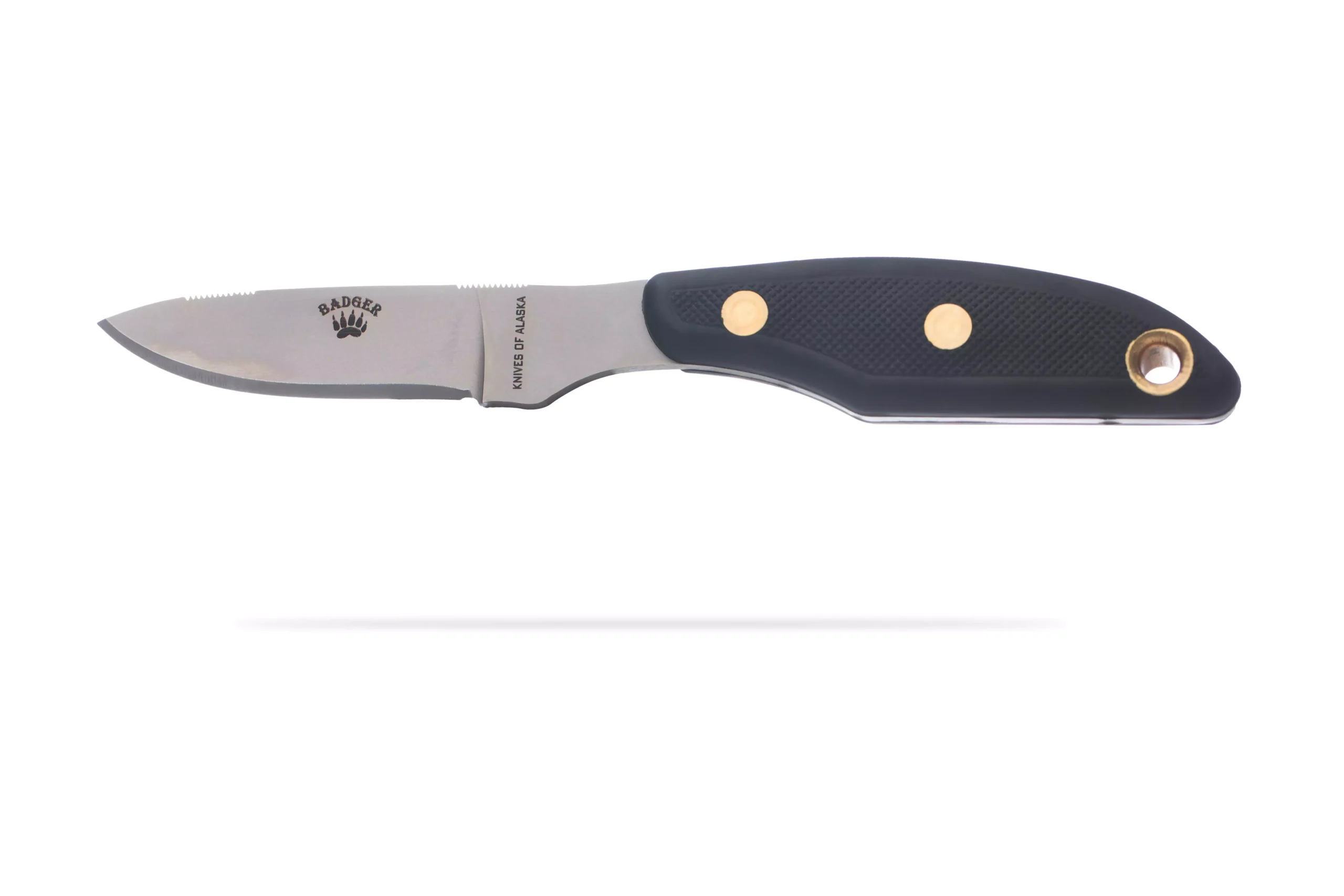 Knives of Alaska Badger knife with black SureGrip handle and compact blade.