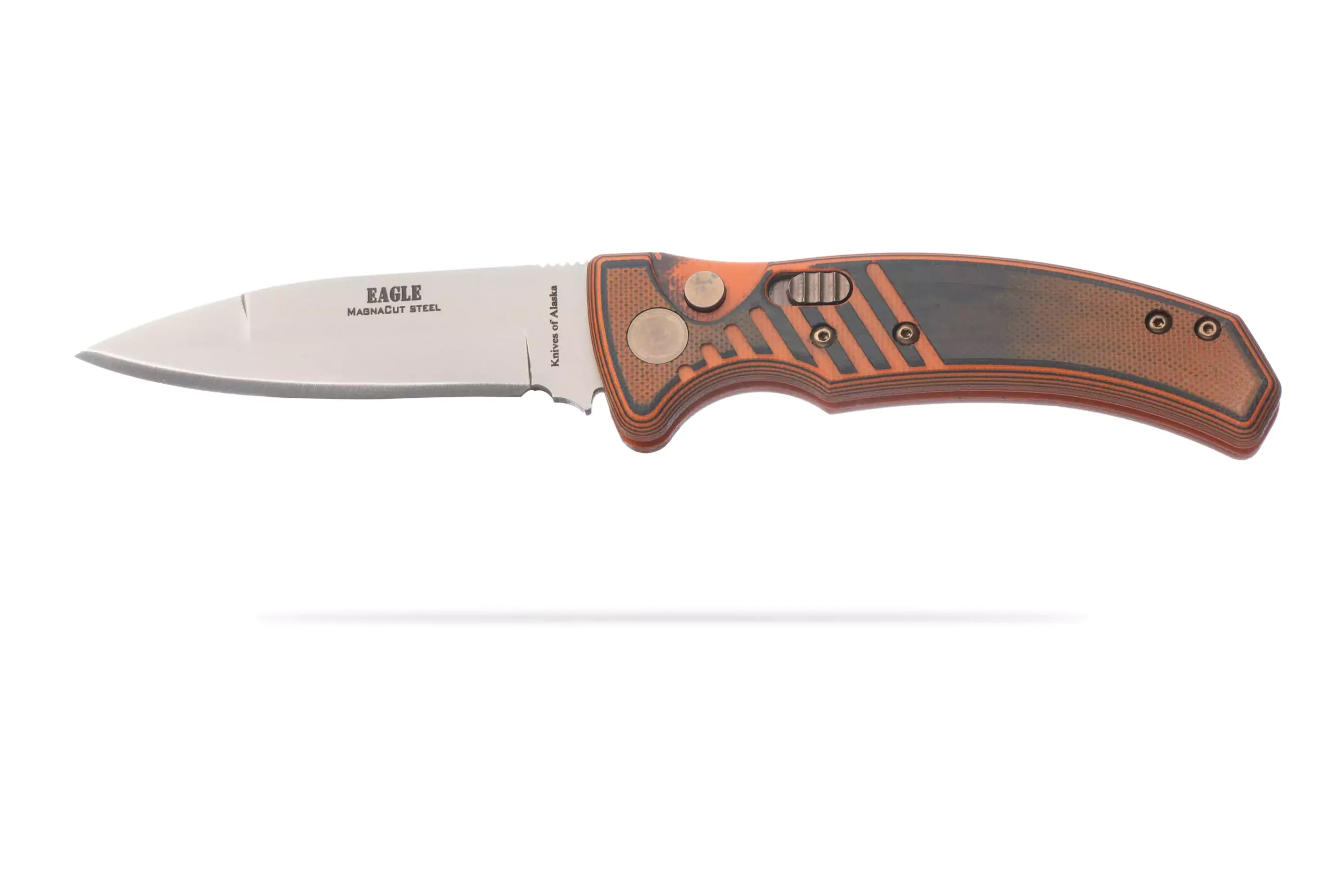 Knives of Alaska Eagle Auto knife featuring Magnacut steel blade and burnt orange G10 handle