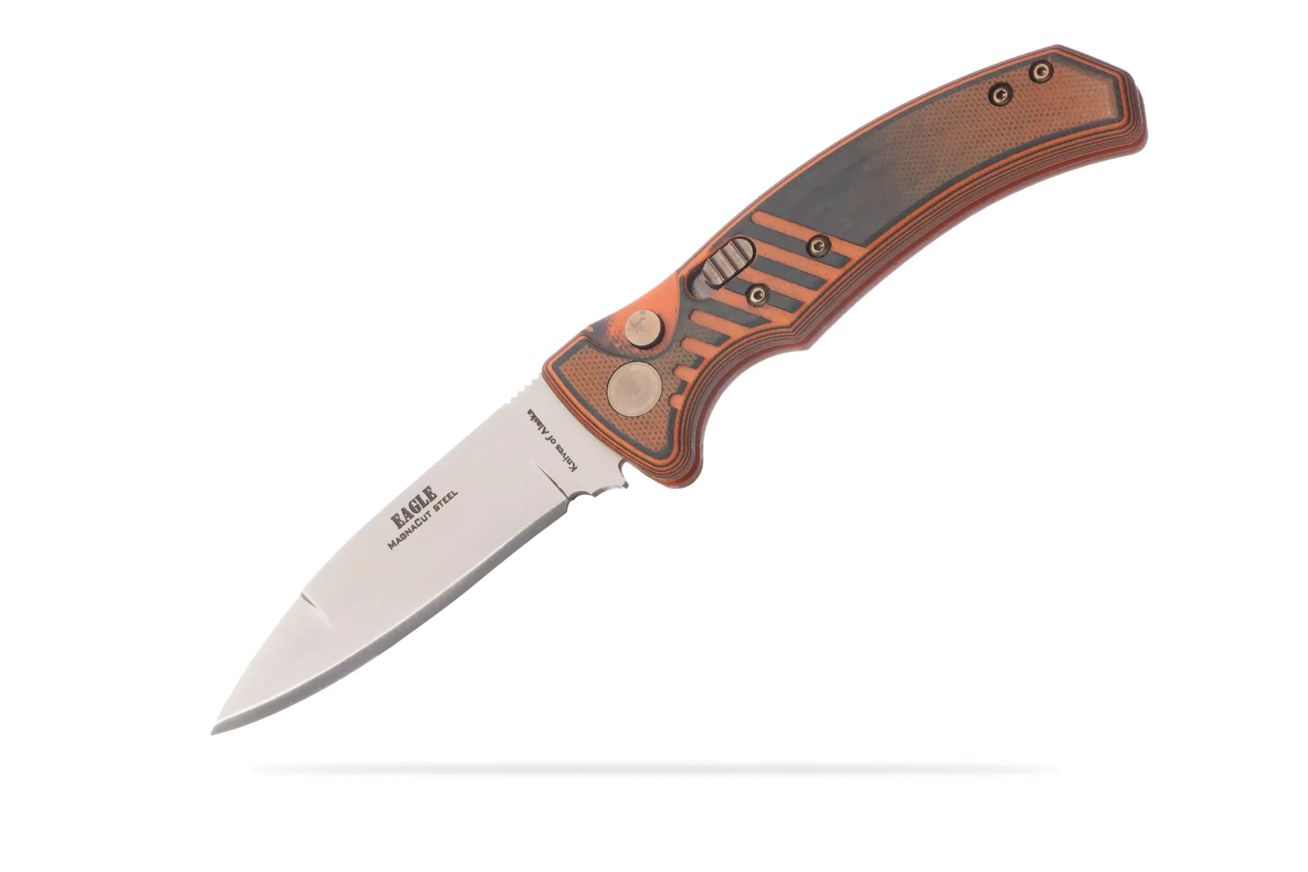 Knives of Alaska Eagle Auto knife featuring Magnacut steel blade and burnt orange G10 handle.